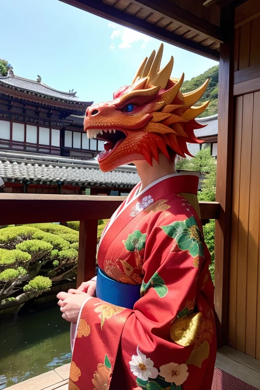 ((highest quality)), ((masterpiece)), (detailed), Dragon wearing a kimono、Inside the city of Kyoto、