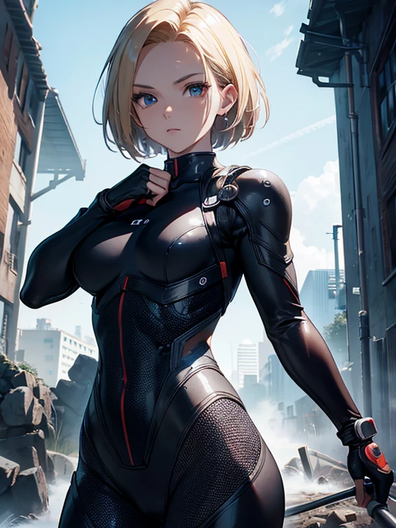 unparalleled masterpiece, ultra realistic 8k CG, perfect artwork, (1girl:1.1) , solo, ((perfect female figure)), (nsfw), looking at viewer, mature female, bimbo (android 18) standing, (teasing), best quality:1.1 , seductive posture, sexy pose, alluring, (beautiful), (curvy), (thick), blonde hair, (blue eyes:1.2), short hair, earrings, jewelry, denim vest, open vest, black pantyhose, black shirt, denim skirt, striped long sleeves, blue skirt, toned legs, fit, (abs:1.1), (big butt:1.4), peach ass, (athletic body:1.2), (large breasts:1.3, (big_breasts:1.1), wide_hips:1.5, narrow waist, small waist:1.5, slender body:1.2, thick thighs:1.3), (shiny skin:1.2), (hdr), (street:1.2), Nikon D850 film stock photograph Kodak Portra 400 camera f1.6 lens, rich colors, lifelike texture, dramatic lighting, unreal engine, trending on ArtStation, by Gerald Brom, by Frank Frazetta, by Luis Royo, by Julie Bell, by Boris Vallejo