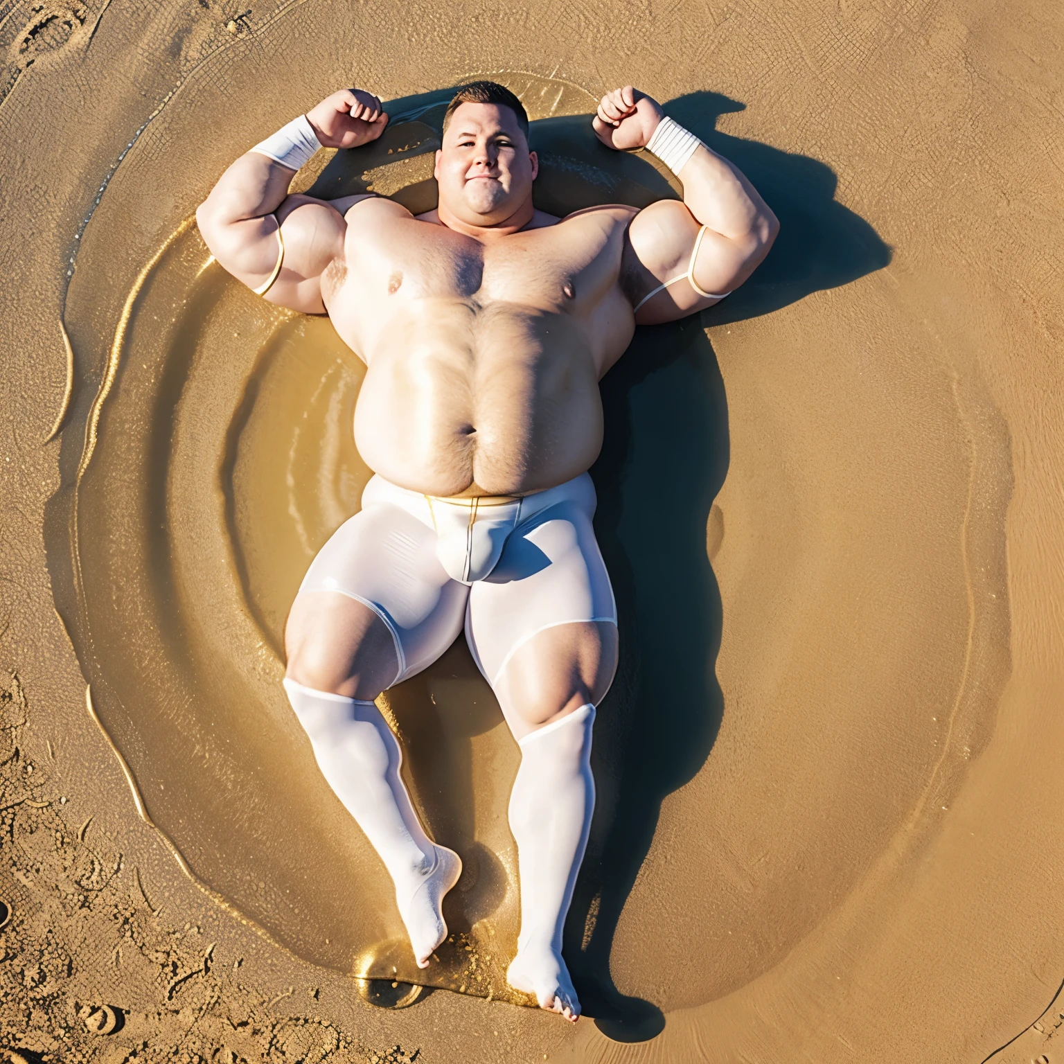 full body view, a big large fat over-muscular obese male Scott Porter looking like as a pig with golden rings, blond undercut haircut, white lycra suit, white socks, no shoes, with a snout pierced with a large gold ring, all muscles over-inflated hyper-developed, laying deply rolled into mud