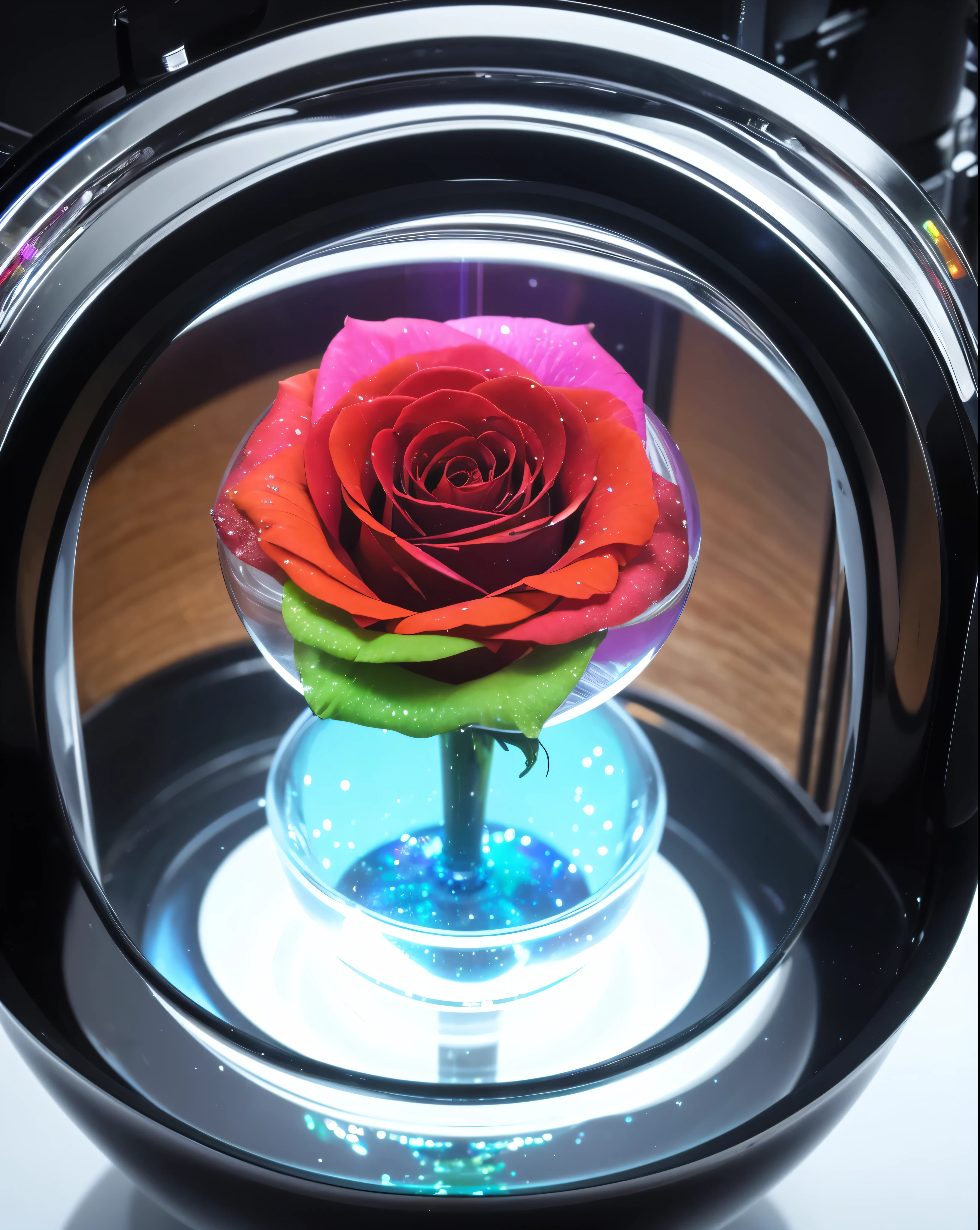 A masterpiece of the highest quality and extreme detail. In a bottle decorated with sophisticated high-tech equipment、A single transparent black rose is placed in the vase.。. State-of-the-art technology, Futuristic Art, A work of art never seen before on Earth. Zoom in. Vibrant, high-contrast colors. A black rose made with the ultimate DNA, It emits a mysterious rainbow aura and illuminates the space.. It's a creative atmosphere. Realistic, Like a real photo.