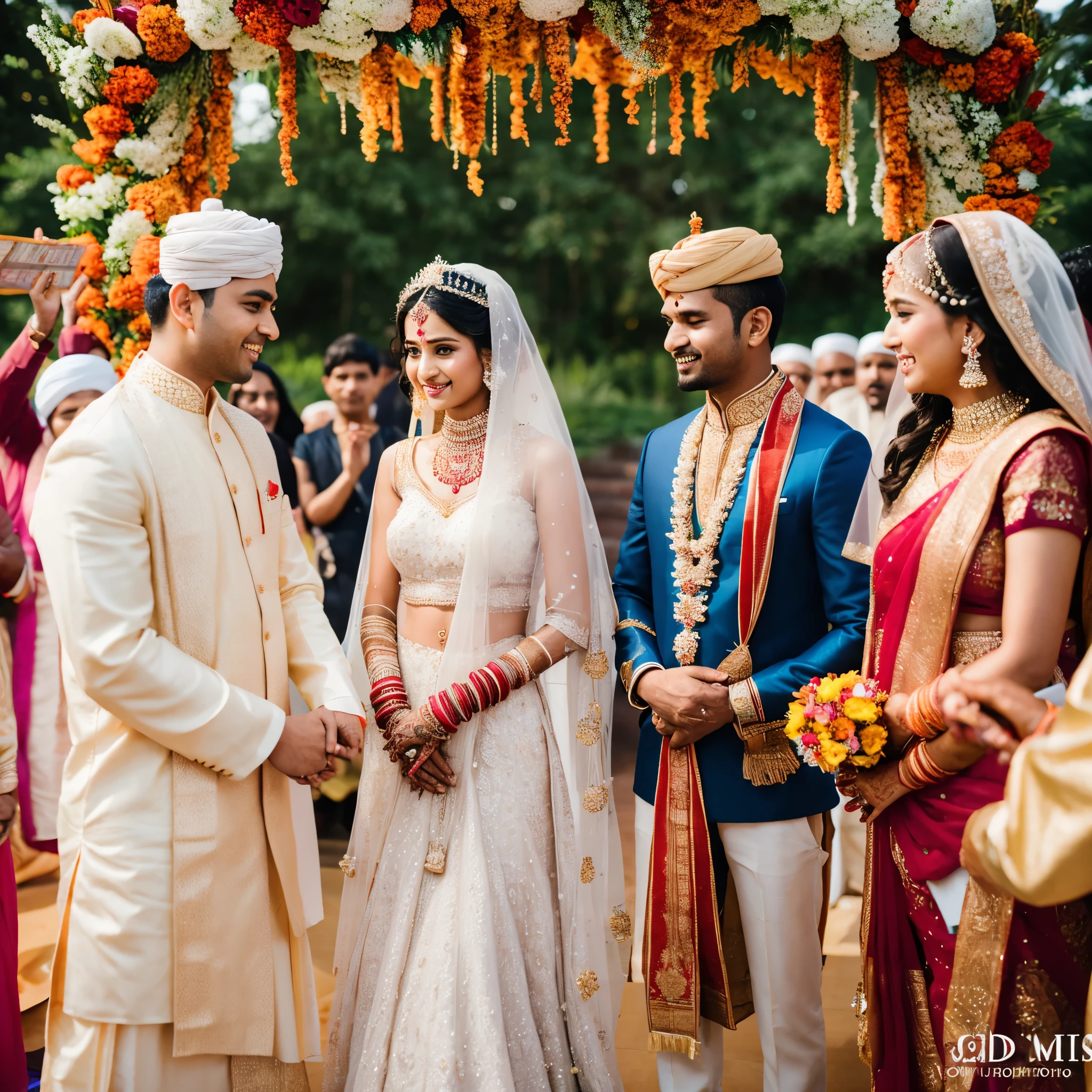 Bride: Wearing a mustard and pink garara, adorned with intricate floral jewelry. She should have mehndi designs on her hands and feet.
Groom: Dressed in a white kurta shalwar with a mustard waistcoat. He is seated comfortably on a jhoola (swing) on stage.Stage: The groom is seated on a jhoola decorated with flowers and fairy lights.
Garden: The scene is set in a garden decorated with a variety of flowers and strings of fairy lights to create a festive atmosphere.
Additional Elements:
Include a clear, ample space at the top of the image for text