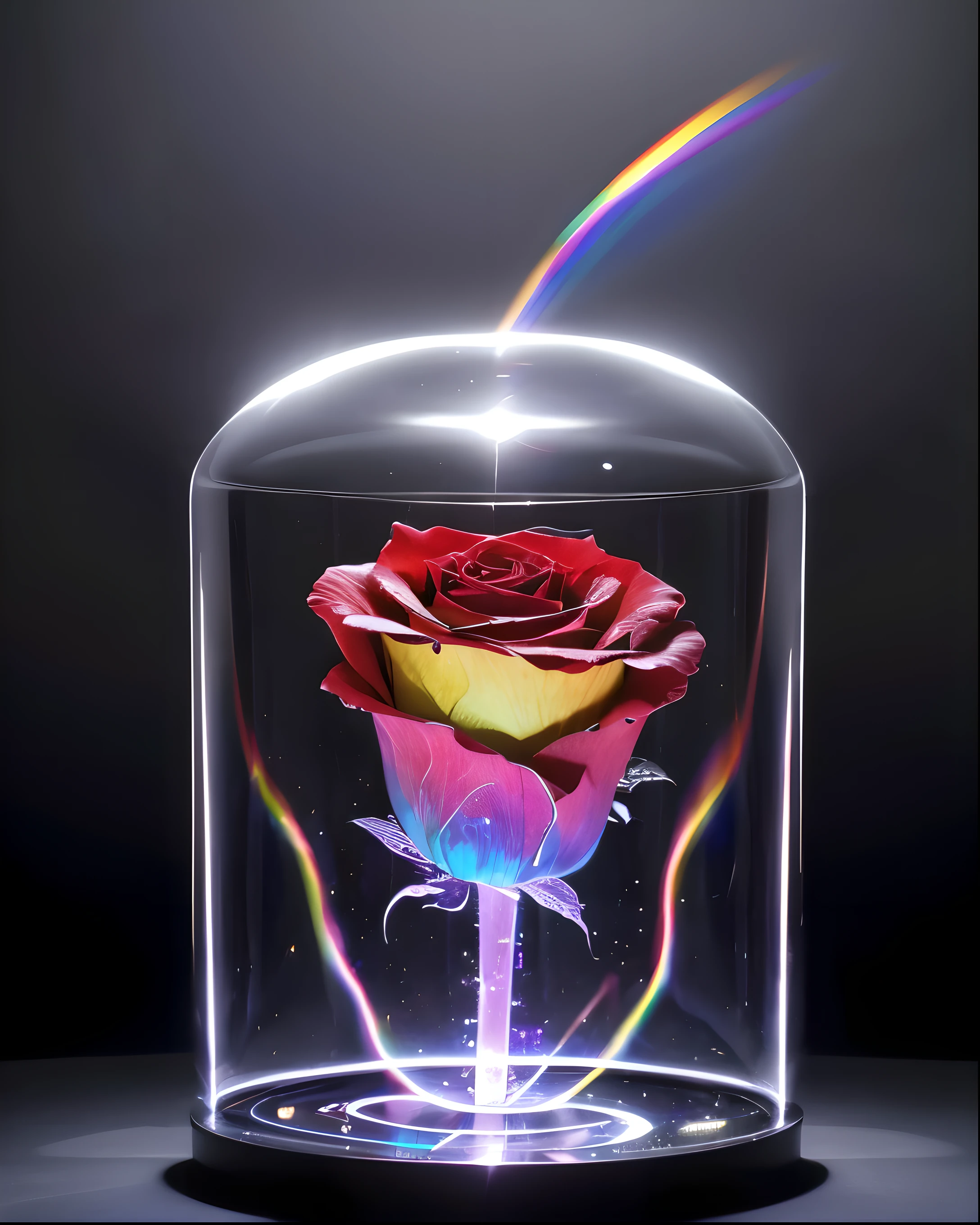 A masterpiece of the highest quality and extreme detail. In a bottle decorated with sophisticated high-tech equipment、A single transparent black rose is placed in the vase.。. State-of-the-art technology, Futuristic Art, A work of art never seen before on Earth. Zoom in. Vibrant, high-contrast colors. A black rose made with the ultimate DNA, It emits a mysterious rainbow aura and illuminates the space.. It's a creative atmosphere. Realistic, Like a real photo.