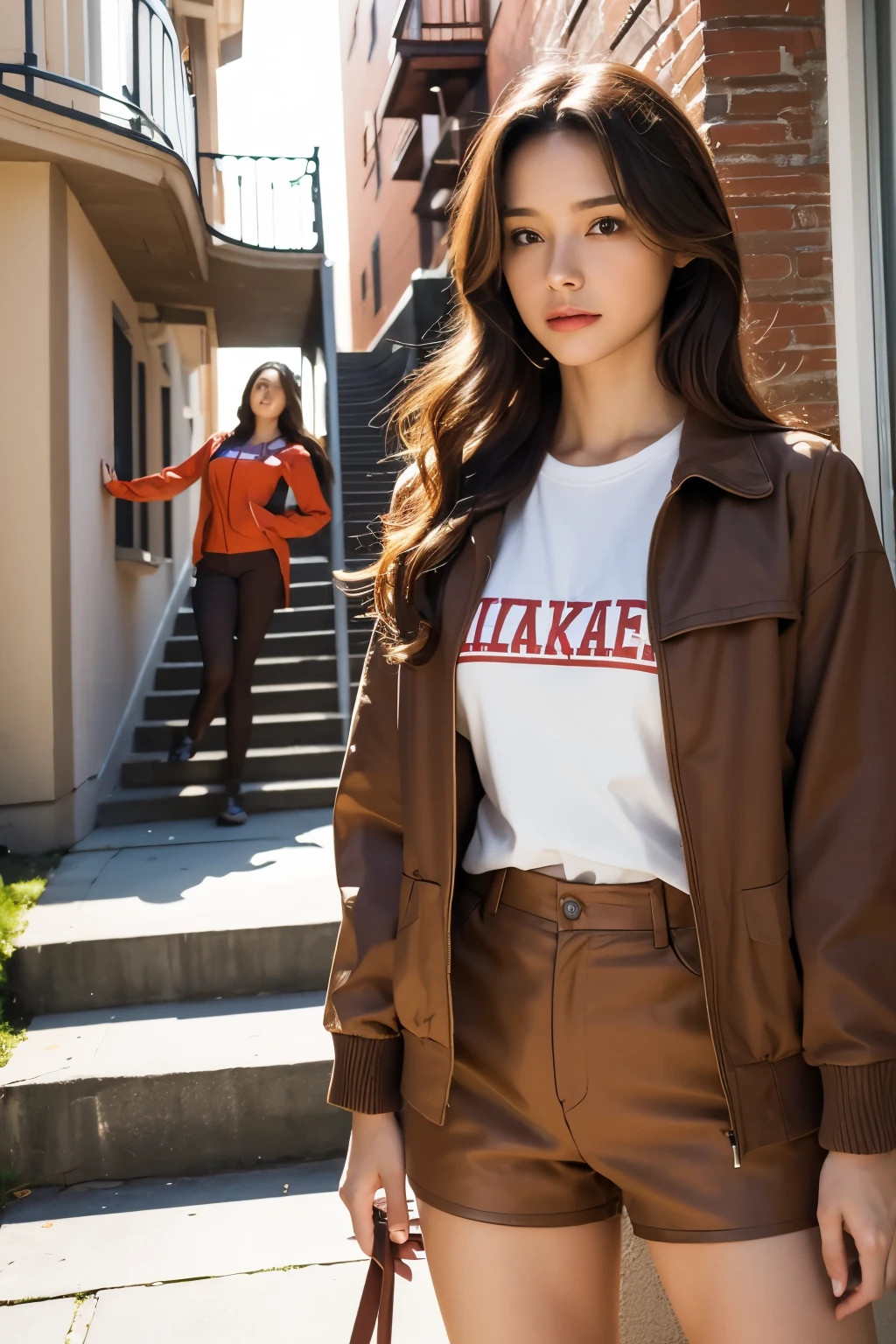 A woman is climbing the stairs of a building, standing outside the house, Writer: In front of the two-story house, movie costume pictures, Beautiful woman wearing a brown jacket over a red sleeveless t-shirt, brown clothes, loose brown shorts, brown jacket with long sleeves,  (Highly detailed facial expressions), 