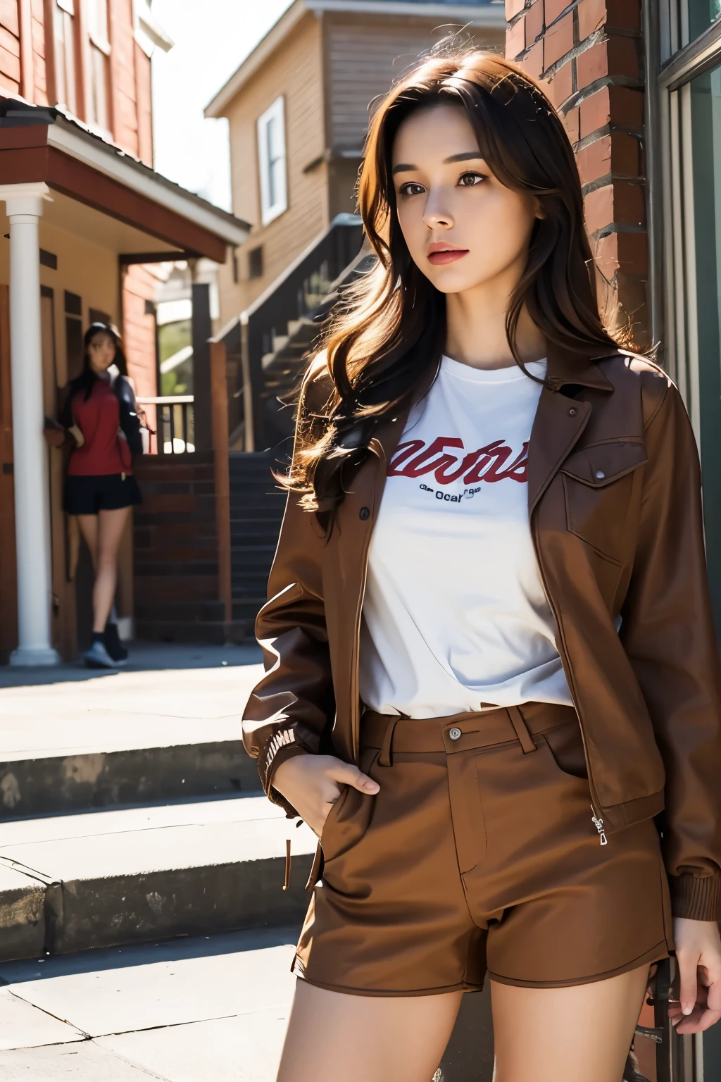 A woman is climbing the stairs of a building, standing outside the house, Writer: In front of the two-story house, movie costume pictures, Beautiful woman wearing a brown jacket over a red sleeveless t-shirt, brown clothes, loose brown shorts, brown jacket with long sleeves, (Highly detailed facial expressions),