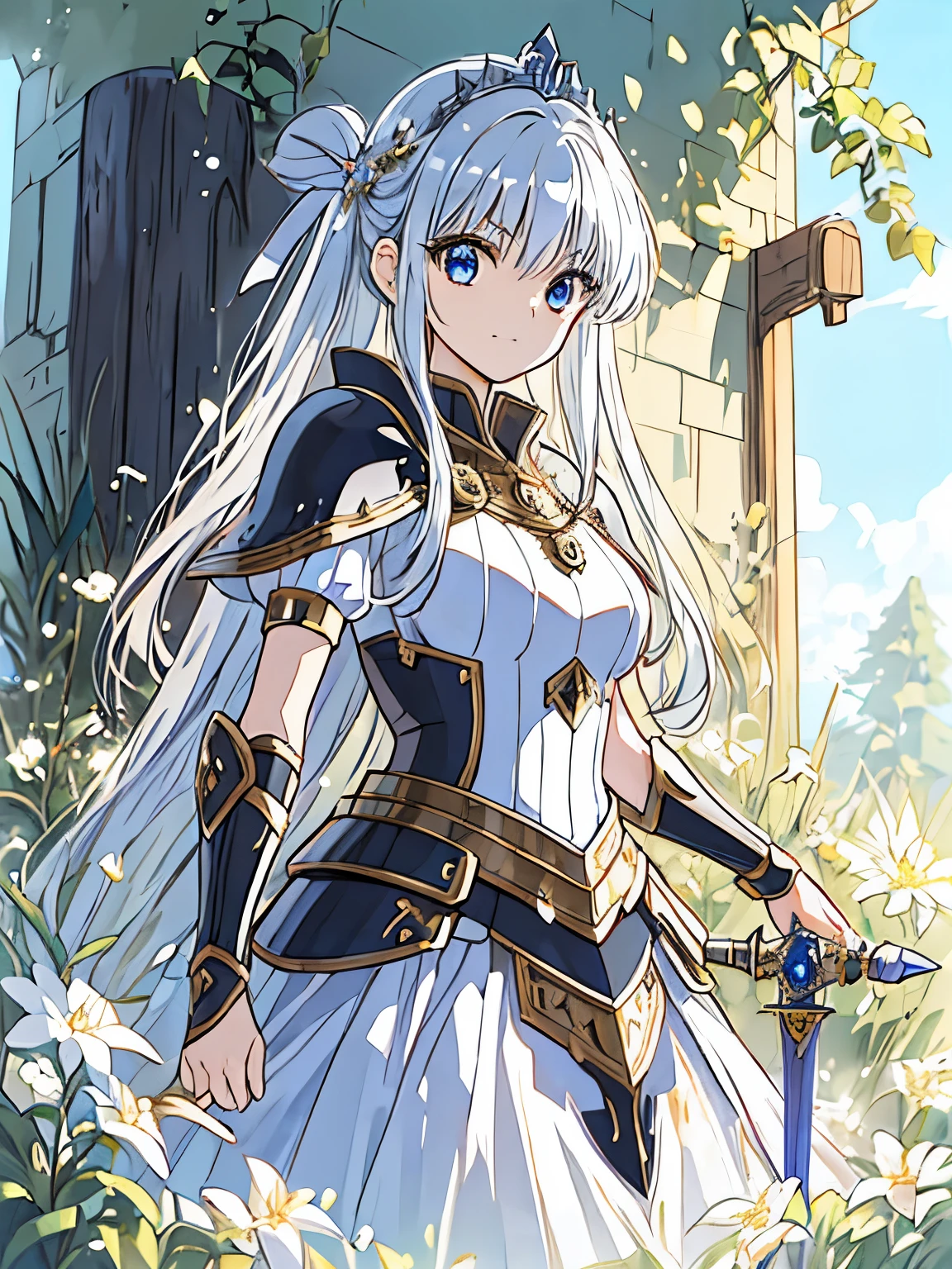 Highest quality,masterpiece,Girl、Big eyes、Beautiful and elegant armor、Plate Armor、Chainmail、Cape、Cape、Small Crown、tiara、Amulet、pendant、bracelet、ring、A large legendary sword engraved with magical powers and symbols.、Powerful Shield、courage、Decisiveness、leadership、Responsibility、Feeling for friends、Dedication、sincerity、Justice、Excellent swordsmanship、High protection、magic、Big eyes、Long Hair、Elegant style、Beauty and charm
