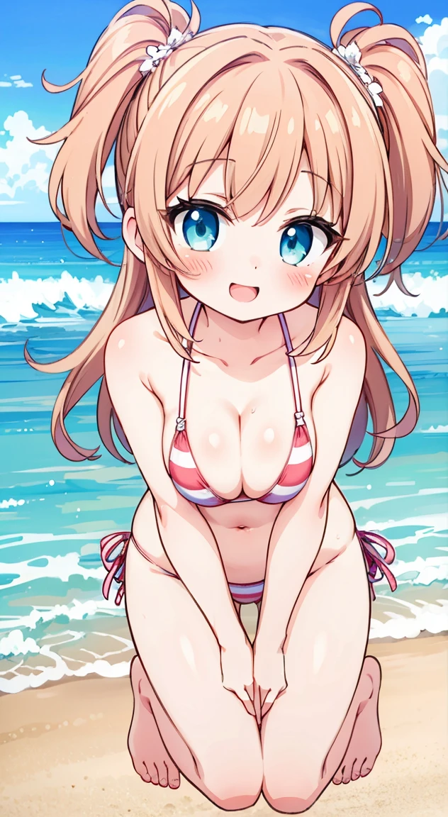 side tie panties,blush, full-face blush,masterpiece, highest quality, (anime screencap:1.3),(shape), cute,(simple:1), (anime:1.2),Solo Sharp Focus, 1 girl, cleavage,looking at the viewer, Japan,beach,,,(NSFW:1.2),bikini,pastel colour,beautiful hair,Horizontal stripes,cute eyes,puffy eyes,Twintains hair,jumping,smile,
