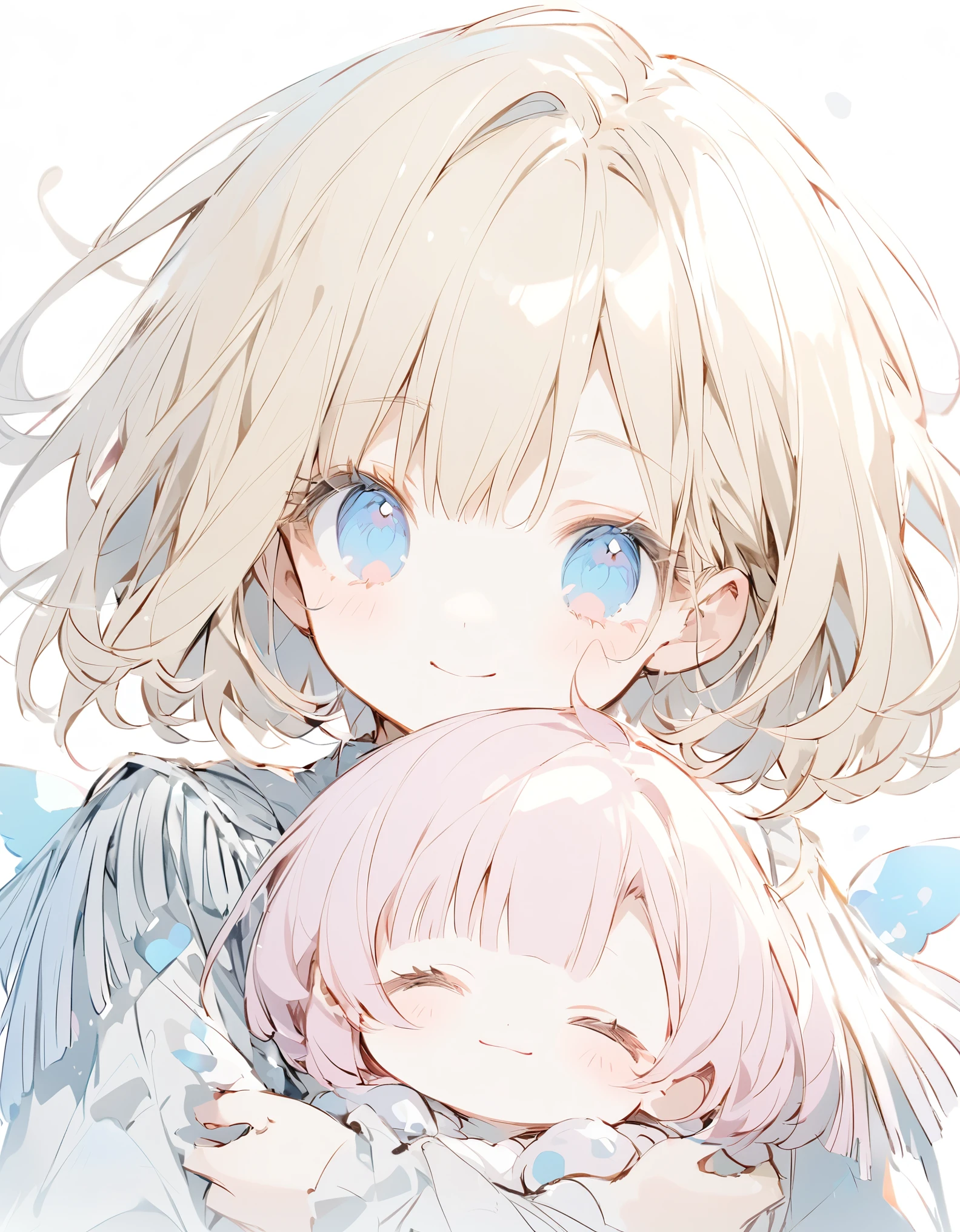  magical girl smiles holding a baby(Shes), (Open Close), (Small body), (Pink Cheeks)Golden Hair (Short Bob Hair:1.4), (Blue eyes), (Big Hair) , (fringe), (More about the Strand), (White Background),