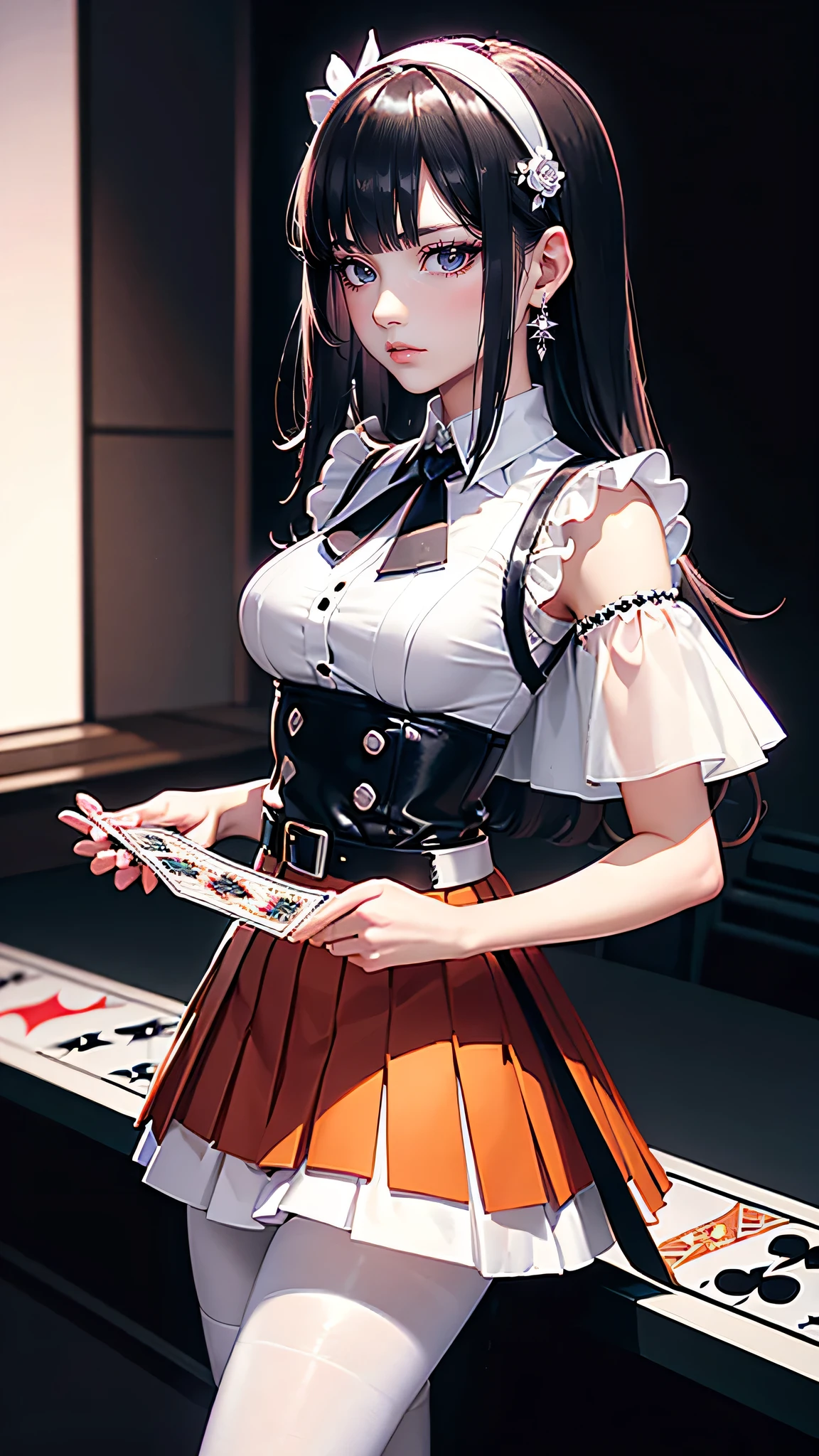 masterpiece,Best quality,Ultra-high resolution,Super rich detail,High-quality characters,High contrast,Exquisite facial features,4k,8k,Detailed light and shadow,Cool light source,Cool handsome type,Future science fiction style,Gradient hair,Charming medium-length hair,Hair accessories,Spliced short sleeves,Tight vest,Gradient outerwear coat,Pleated skirt,Black edge,belt,White pantyhose,Delicate silver jewelry,One hand on waist or lift skirt,Holding playing cards and gun,Decoration,Transparent silk long gloves,Tight Silk,earring,Handmade,Slightly blushing,Half Wing,Feathers fall,Poker cards falling,Purple Black Silver Orange Pink White Red,