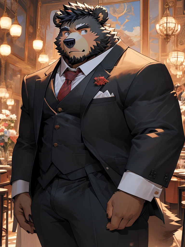 (Super detailed), Sharp focus,hairy, Black and white fur), black beard, Black Hair,human nature (棕Bear:1.3), male, Middle-aged and elderly, Brown body, White belly, Muscular ,(Crotch bulge),Super detailed的脸,(dishevelled:1.4),(best quality), (masterpiece), High Detail, high quality,High resolution,16K,(Bear:1.3),Hotel Background,Suit