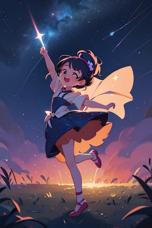 Illustration of a dancing girl in the night sky with stars