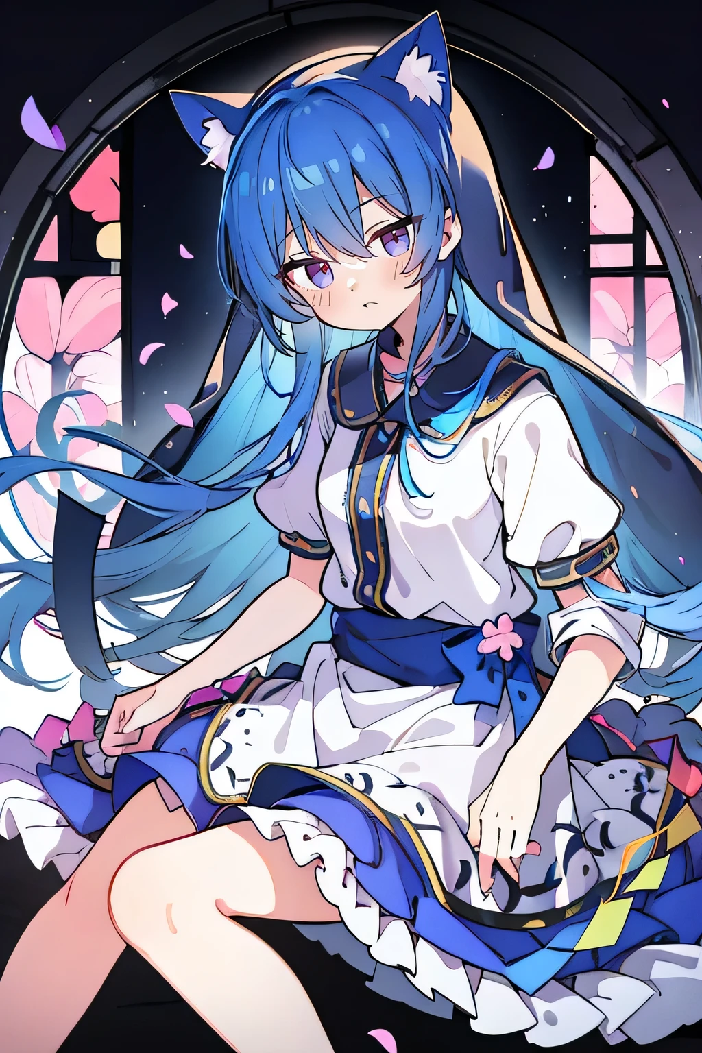 (masterpiece:1.2),Extremely detailed,Practical,expressive eyes,Fair skin,Perfect face shaping,1 Girl,
Japanese cartoons,Gorgeous blue hair, the long flowing blue hair,Floating clothes,Cat ears,Petals fall,beautiful lola,Angel,
Place your hands on your waist,sit elegantly on the ground,Cross your legs,Gentle and peaceful background,stately church,nun.