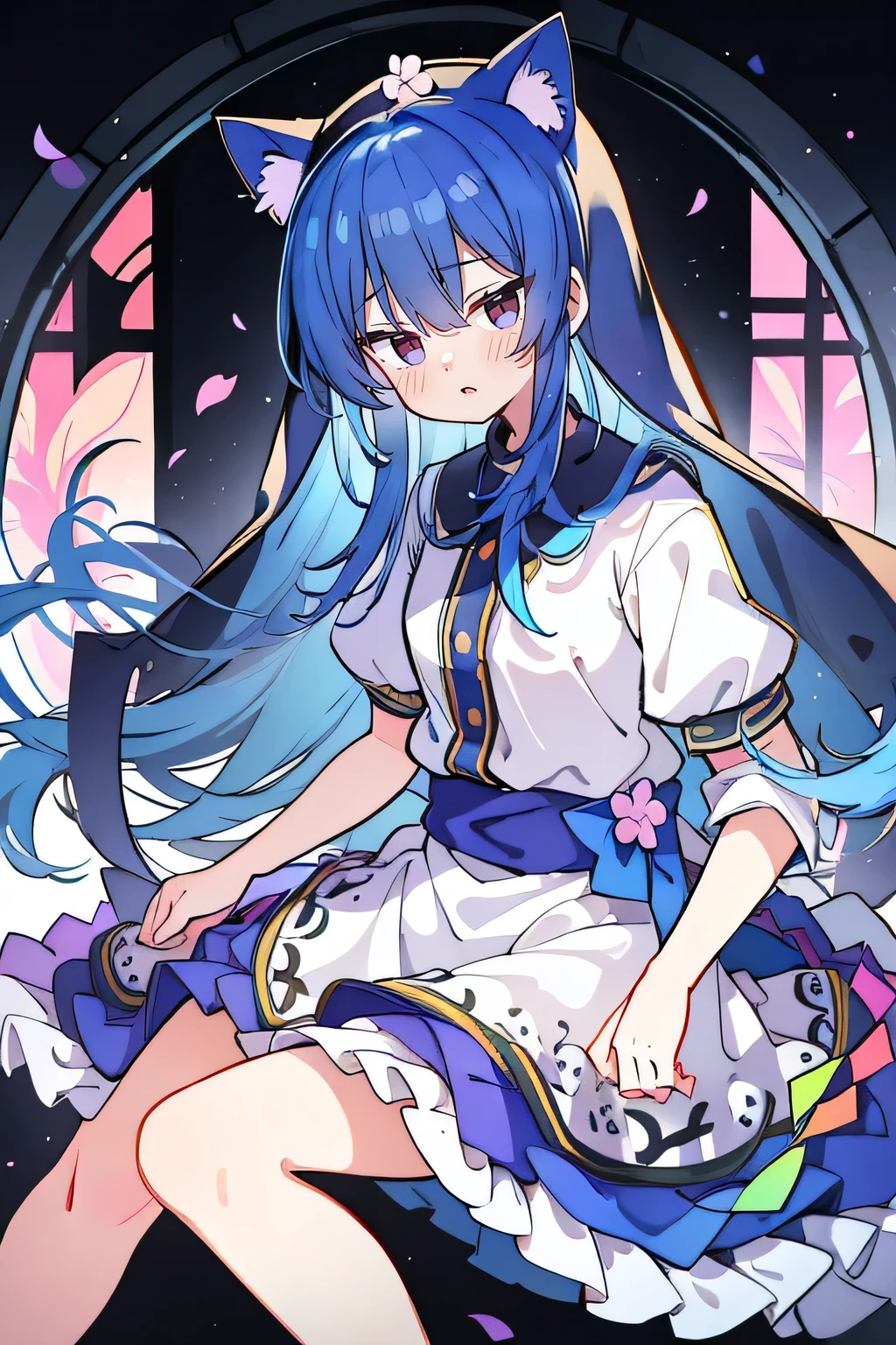 (masterpiece:1.2),Extremely detailed,Practical,expressive eyes,Fair skin,Perfect face shaping,1 Girl,
Japanese cartoons,Gorgeous blue hair, the long flowing blue hair,Floating clothes,Cat ears,Petals fall,beautiful lola,Angel,
Place your hands on your waist,sit elegantly on the ground,Cross your legs,Gentle and peaceful background,stately church,nun.