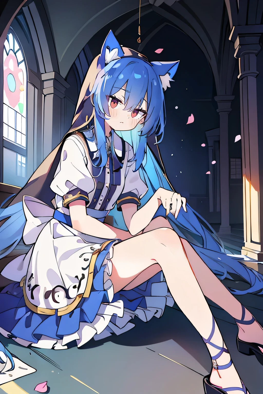 (masterpiece:1.2),Extremely detailed,Practical,expressive eyes,Fair skin,Perfect face shaping,1 Girl,
Japanese cartoons,Gorgeous blue hair, the long flowing blue hair,Floating clothes,Cat ears,Petals fall,beautiful lola,Angel,
Place your hands on your waist,sit elegantly on the ground,Cross your legs,Gentle and peaceful background,stately church,nun.