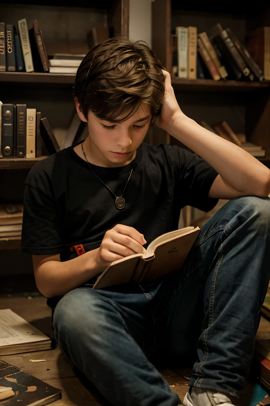 Create an image of a -yeld boeading a book on an abandoned shelf