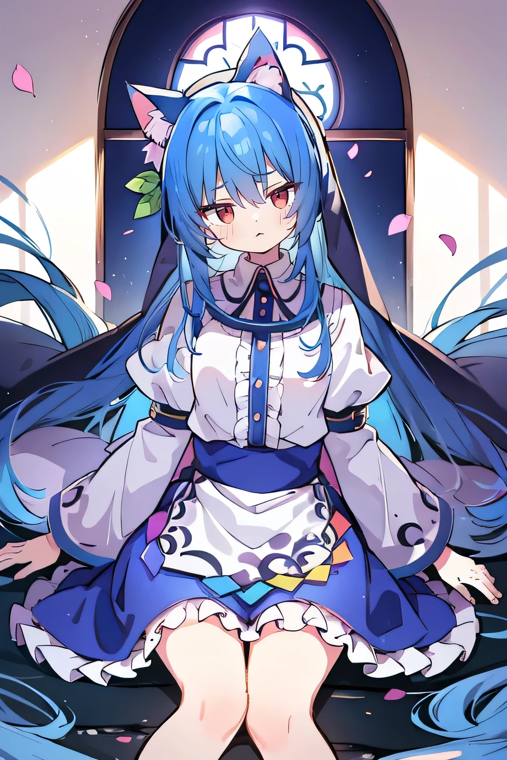 (masterpiece:1.2),Extremely detailed,Practical,expressive eyes,Fair skin,Perfect face shaping,1 Girl,
Japanese cartoons,Gorgeous blue hair, the long flowing blue hair,Floating clothes,Cat ears,Petals fall,beautiful lola,Angel,
Place your hands on your waist,sit elegantly on the ground,Cross your legs,Gentle and peaceful background,stately church,nun.