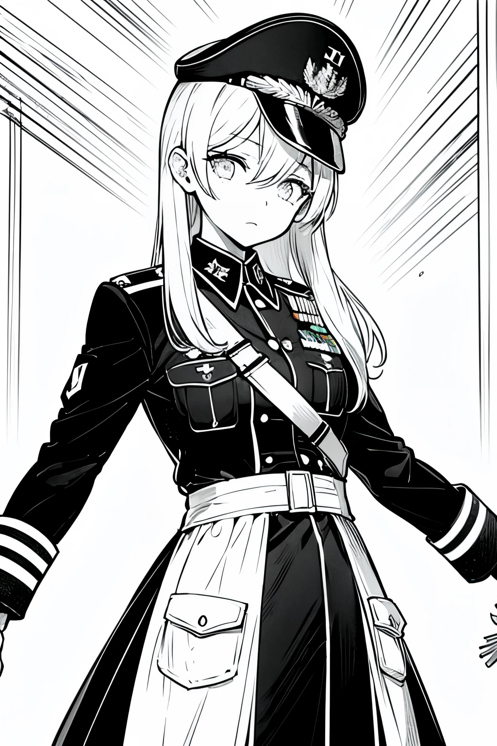 Grand Army, Army Reich, Commander girl, Deutschland, monochrome, one girl, Dahlheid, girl hiding eyes with mask, black military uniform, Slim, cool girl
