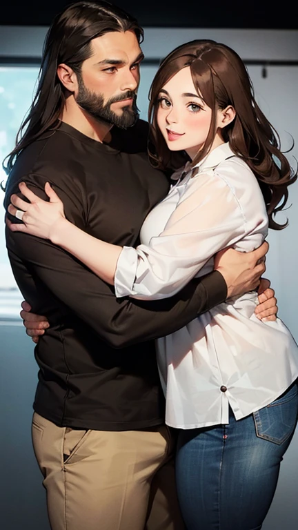 2 characters: chubby brown-eyed man and woman, Exactly the same (twins), Same height, same age 39 years old, modern clothes, a man with a neat short beard and medium-length dark brown hair and a woman with very tousled dark brown tousled long hair hug each other, Brother and sister, family hugs