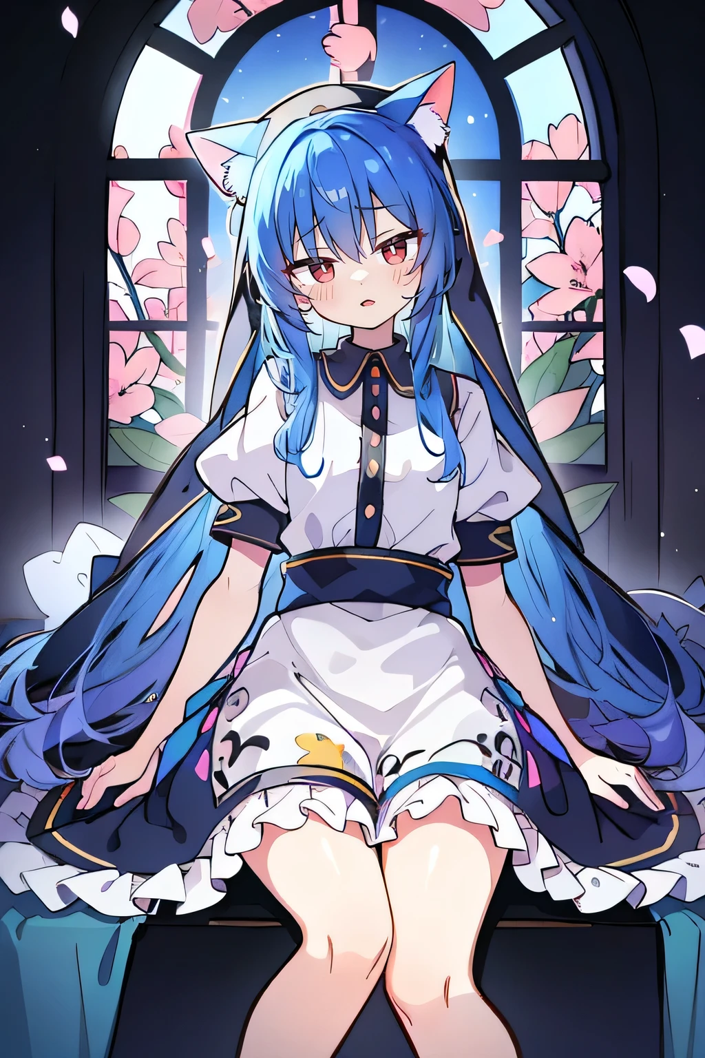 (masterpiece:1.2),Extremely detailed,Practical,expressive eyes,Fair skin,Perfect face shaping,1 Girl,
Japanese cartoons,Gorgeous blue hair, the long flowing blue hair,Floating clothes,Cat ears,Petals fall,beautiful lola,Angel,
Place your hands on your waist,sit elegantly on the ground,Cross your legs,Gentle and peaceful background,stately church,nun.