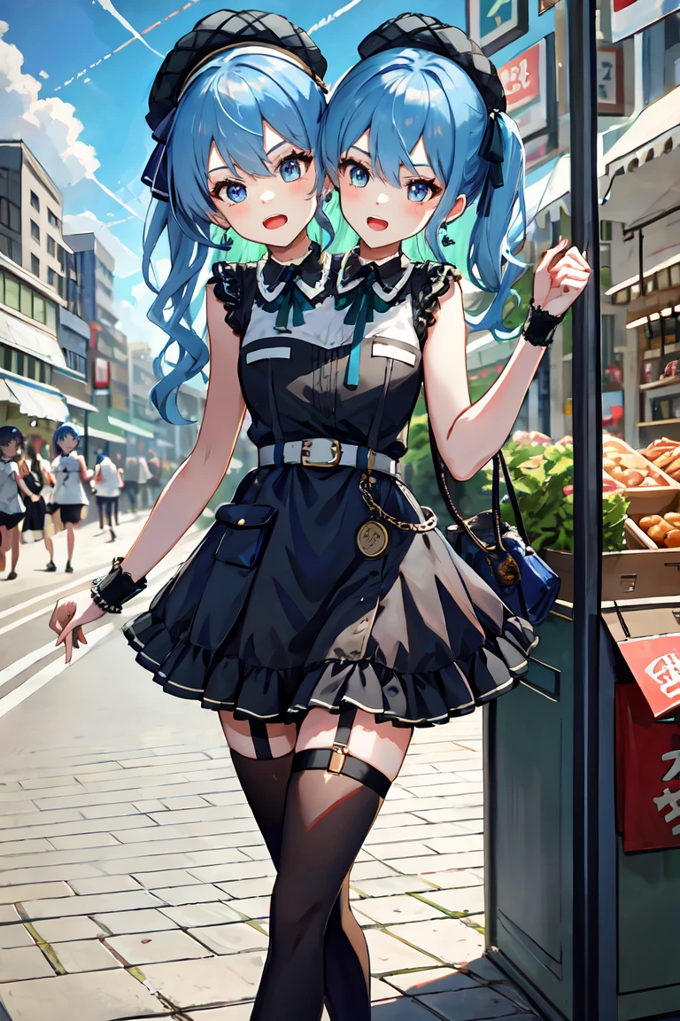 (masterpiece, best quality), best resolution, 16k, (2heads:1.5), close-up, 1girl, solo, HoshimachiSuisei, side ponytail, blue hair ribbon, SuiseiStreet, long hair, half updo, black beret, black dress, collared dress, sleeveless, bow earrings, lace choker, neck ribbon, black belt, orange pantyhose, o-ring thigh strap, single garter strap, (cheek-to-cheek), ((hand holding a wallet)), ((look around, look at the sky)), surprised, frustrating, walking, open mouth, city, Shopping Street, street vendor, morning