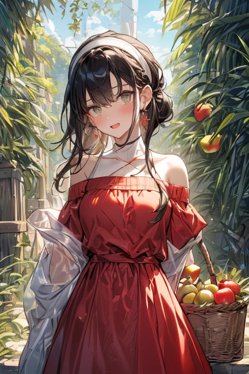 (perky chest:1.2), (pointed chest:1.2),(farmhouse entrance:1.3),(((Red Tunic:1.3))),(((apples and bread in the basket),Cute and beautiful girl,Cute round face,Cute smile,with blush cheeks,Red Lip,solo, looking at viewer, open mouth, have a cute grass of cute beergrass,black hair, dark green eyes, dress, bare shoulders, jewelry, collarbone, sidelocks, hairband, earrings, indoors, off shoulder, sweater, arms behind back, plant, short hair with long locks, gild hairband, off-shoulder dress, sweater dress, off-shoulder sweater, black sweater, dark gord hair, big side hair, very long side hair,is rendered in (masterpiece: 1.2, best quality), with (ultra high resolution) and an exquisite (depth of field). ,(Bangs are see-through bangs),hair pin,hair adornments,detailed clothes features,Detailed hair features,detailed facial features,(Dynamic angles),(Dynamic and sexy poses),clothes that emphasize big breasts,Cinematic Light,(masutepiece,top-quality,Ultra-high resolution) ,(The 8k quality,Anatomically accurate facial structure,),(Sea Art 2 Mode:1.3),(Image Mode Ultra HD,)