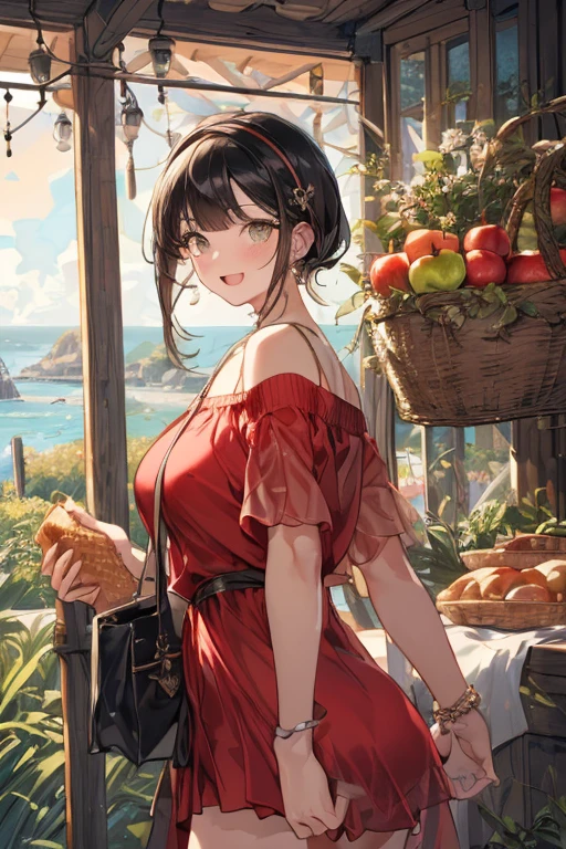 (perky chest:1.2), (pointed chest:1.2),(farmhouse entrance:1.3),(((Red Tunic:1.3))),(((apples and bread in the basket),Cute and beautiful girl,Cute round face,Cute smile,with blush cheeks,Red Lip,(brown hair,Floral braided headband,half up、Floral Braided Space Van,Voluminous Fishtail Braids,Twisted chignon,),(Bangs are see-through bangs),hair pin,hair adornments,detailed clothes features,Detailed hair features,detailed facial features,(Dynamic angles),(Dynamic and sexy poses),clothes that emphasize big breasts,Cinematic Light,(masutepiece,top-quality,Ultra-high resolution output image,depth of fields,intricate detailes,Make the subject look three-dimensional with the contrast of light and shadow,) ,(The 8k quality,Anatomically accurate facial structure,),(Sea Art 2 Mode:1.3),(Image Mode Ultra HD,) 
