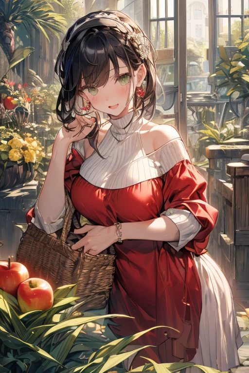 (perky chest:1.2), (pointed chest:1.2),(farmhouse entrance:1.3),(((Red Tunic:1.3))),(((apples and bread in the basket),Cute and beautiful girl,Cute round face,Cute smile,with blush cheeks,Red Lip,solo, looking at viewer, open mouth, have a cute grass of cute beergrass,black hair, dark green eyes, dress, bare shoulders, jewelry, collarbone, sidelocks, hairband, earrings, indoors, off shoulder, sweater, arms behind back, plant, short hair with long locks, gild hairband, off-shoulder dress, sweater dress, off-shoulder sweater, black sweater, dark gord hair, big side hair, very long side hair,is rendered in (masterpiece: 1.2, best quality), with (ultra high resolution) and an exquisite (depth of field). ,(Bangs are see-through bangs),hair pin,hair adornments,detailed clothes features,Detailed hair features,detailed facial features,(Dynamic angles),(Dynamic and sexy poses),clothes that emphasize big breasts,Cinematic Light,(masutepiece,top-quality,Ultra-high resolution) ,(The 8k quality,Anatomically accurate facial structure,),(Sea Art 2 Mode:1.3),(Image Mode Ultra HD,)