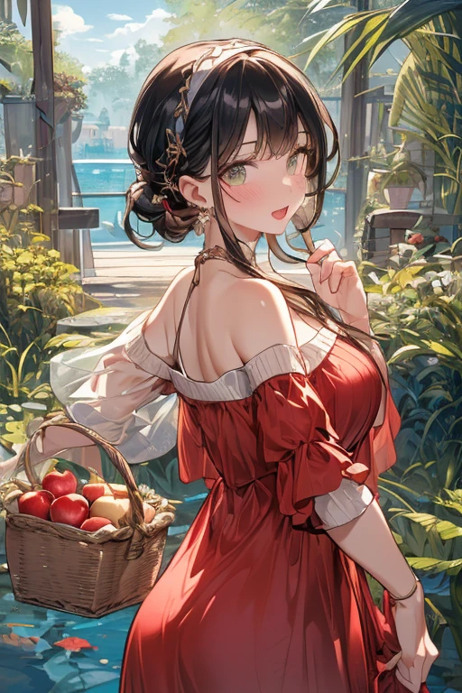 (perky chest:1.2), (pointed chest:1.2),(farmhouse entrance:1.3),(((Red Tunic:1.3))),(((apples and bread in the basket),Cute and beautiful girl,Cute round face,Cute smile,with blush cheeks,Red Lip,solo, looking at viewer, open mouth, have a cute grass of cute beergrass,black hair, dark green eyes, dress, bare shoulders, jewelry, collarbone, sidelocks, hairband, earrings, indoors, off shoulder, sweater, arms behind back, plant, short hair with long locks, gild hairband, off-shoulder dress, sweater dress, off-shoulder sweater, black sweater, dark gord hair, big side hair, very long side hair,is rendered in (masterpiece: 1.2, best quality), with (ultra high resolution) and an exquisite (depth of field). ,(Bangs are see-through bangs),hair pin,hair adornments,detailed clothes features,Detailed hair features,detailed facial features,(Dynamic angles),(Dynamic and sexy poses),clothes that emphasize big breasts,Cinematic Light,(masutepiece,top-quality,Ultra-high resolution) ,(The 8k quality,Anatomically accurate facial structure,),(Sea Art 2 Mode:1.3),(Image Mode Ultra HD,)
