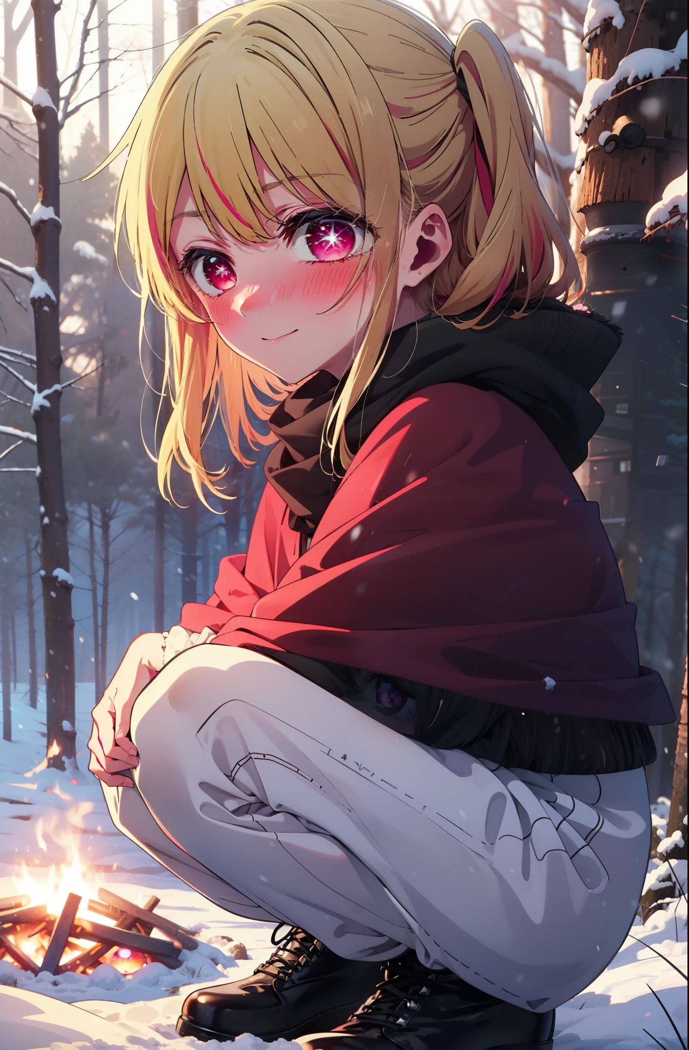 rubyhoshino, Hoshino Ruby, Long Hair, bangs, Blonde Hair, (Pink Eyes:1.3), Side Lock, (Symbol-shaped pupil:1.5), Multicolored Hair, Two-tone hair, smile,,smile,blush,White Breath,
Open your mouth,snow,Ground bonfire, Outdoor, boots, snowing, From the side, wood, suitcase, Cape, Blurred, , forest, White handbag, nature, Squat, Mouth closed, Cape, winter, Written boundary depth, Black shoes, red Cape break looking at viewer, Upper Body, whole body, break Outdoor, forest, nature, break (masterpiece:1.2), highest quality, High resolution, unity 8k wallpaper, (shape:0.8), (Beautiful and beautiful eyes:1.6), Highly detailed face, Perfect lighting, Extremely detailed CG, (Perfect hands, Perfect Anatomy),