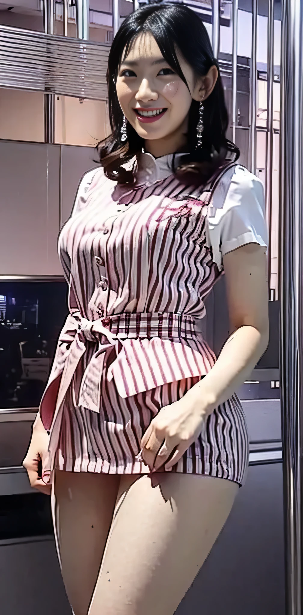 ((highest quality, 8k, masterpiece :1.3)), (Cute Japanese announcer with a perfect body), (Very large breasts bigger than a face:1.82), Long black hair, smile, shirt, mini skirt, Television Studio, Weather News, A very large display showing the cityscape, Highly detailed face and skin texture,