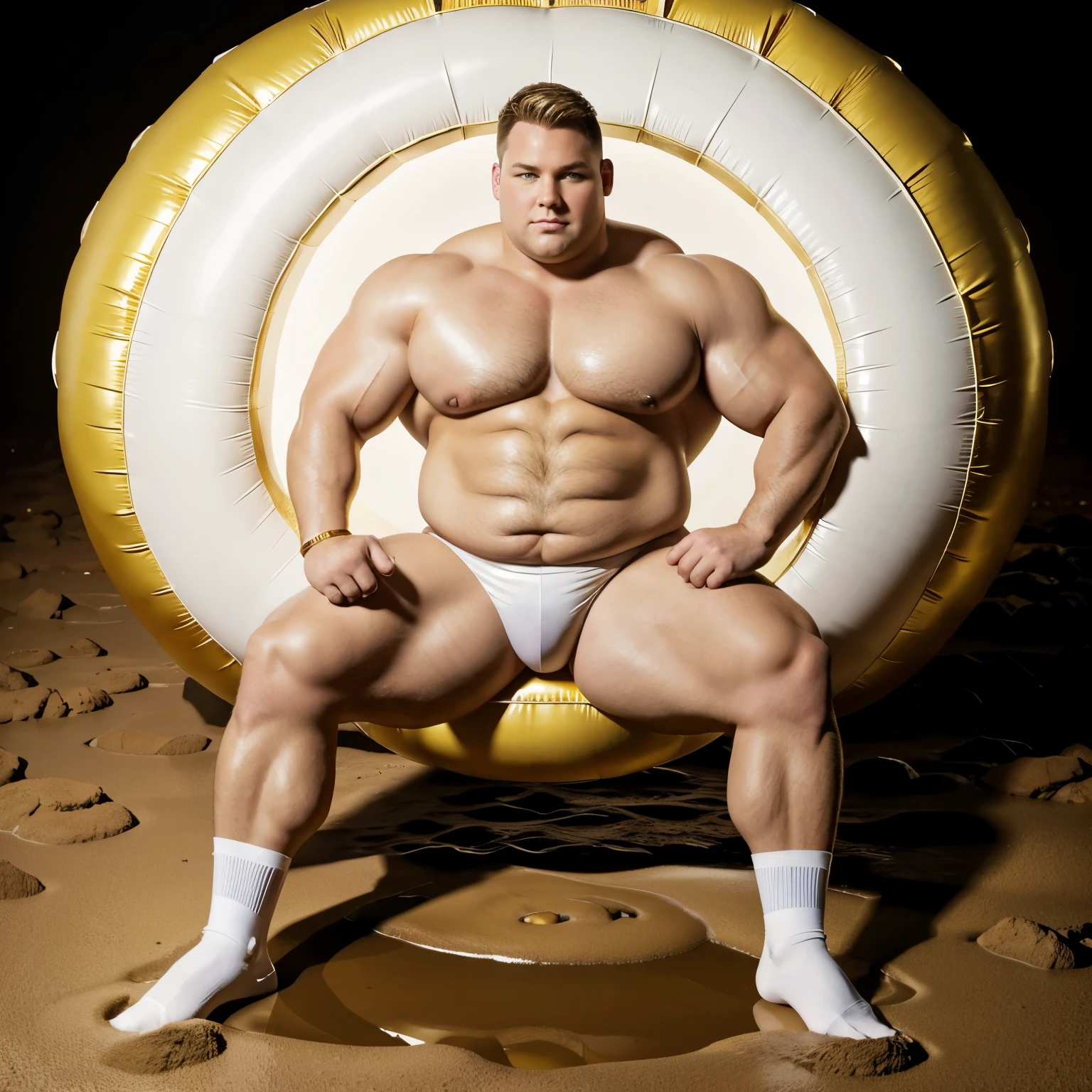 full body view, a big large fat over-muscular obese male Scott Porter looking like as a pig with golden rings, blond undercut haircut, white lycra suit, white socks, no shoes, with a snout pierced with a large gold ring, all muscles over-inflated hyper-developed, laying deply rolled into mud, hi-res, front view