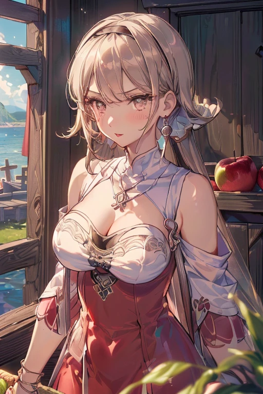 (perky chest:1.2), (pointed chest:1.2),(farmhouse entrance:1.3),(((Red Tunic:1.3))),(((apples and bread in the basket),Cute and beautiful girl,Cute round face,Cute smile,with blush cheeks,Red Lip,solo, looking at viewer, open mouth, have a cute grass of cute beergrass,black hair, dark green eyes, dress, bare shoulders, jewelry, collarbone, sidelocks, hairband, earrings, indoors, off shoulder, sweater, arms behind back, plant, short hair with long locks, gild hairband, off-shoulder dress, sweater dress, off-shoulder sweater, black sweater, dark gord hair, big side hair, very long side hair,is rendered in (masterpiece: 1.2, best quality), with (ultra high resolution) and an exquisite (depth of field). ,(Bangs are see-through bangs),hair pin,hair adornments,detailed clothes features,Detailed hair features,detailed facial features,(Dynamic angles),(Dynamic and sexy poses),clothes that emphasize big breasts,Cinematic Light,(masutepiece,top-quality,Ultra-high resolution) ,(The 8k quality,Anatomically accurate facial structure,),(Sea Art 2 Mode:1.3),(Image Mode Ultra HD,)