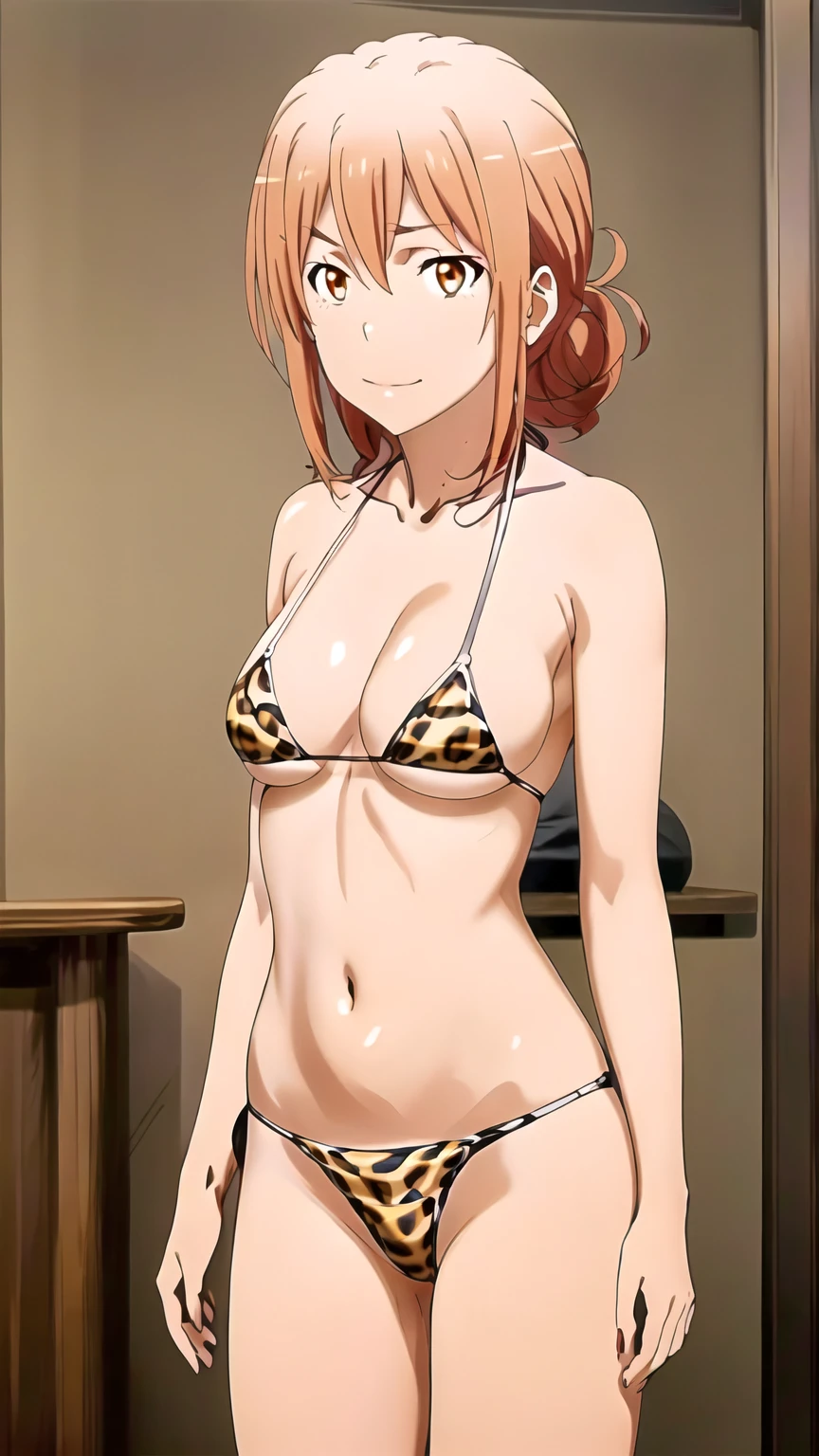 (masterpiece, 4K, highest quality, anime style: 1.9, Detailed face, Lovely, Ocean,Bold Line, High resolution, anime, Lake 4. alone, Curvaceous, Thighs, Cleavage, Center of chest, Very slim belly, Cowboy Shot, (Leopard print micro bikini),1 female, single Hair Bun, Orange eyes, Hair Bun, Shiny Hair,Brown eyes, Focus Only, Long Hair,Yuigahama Yui's Mom,OreGairu,30th Generation