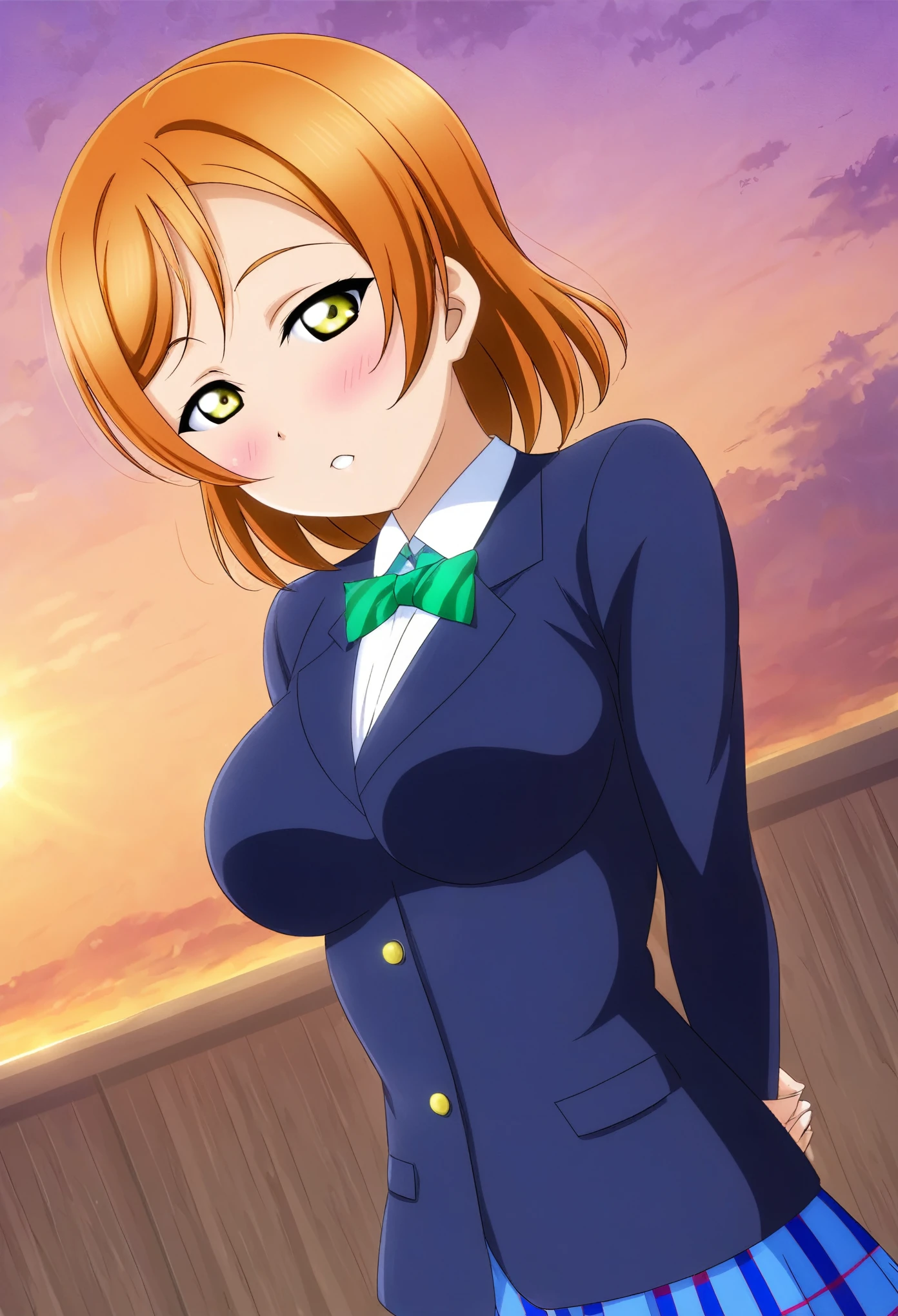 Masterpiece, best quality, nishikino maki,solo , orange hair, yellow eyes, blush, sunset, semi closed eyes, love scene, breasts , arms behind back,love live style 