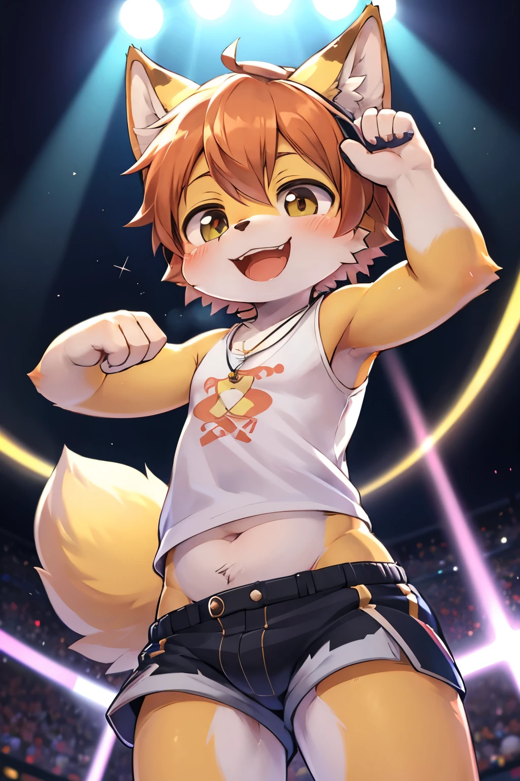 Kemoshota, hopping, smile, open mouth, wink, pop star, dynamic angle, idol Shota boy, head set, half shorts, spot light