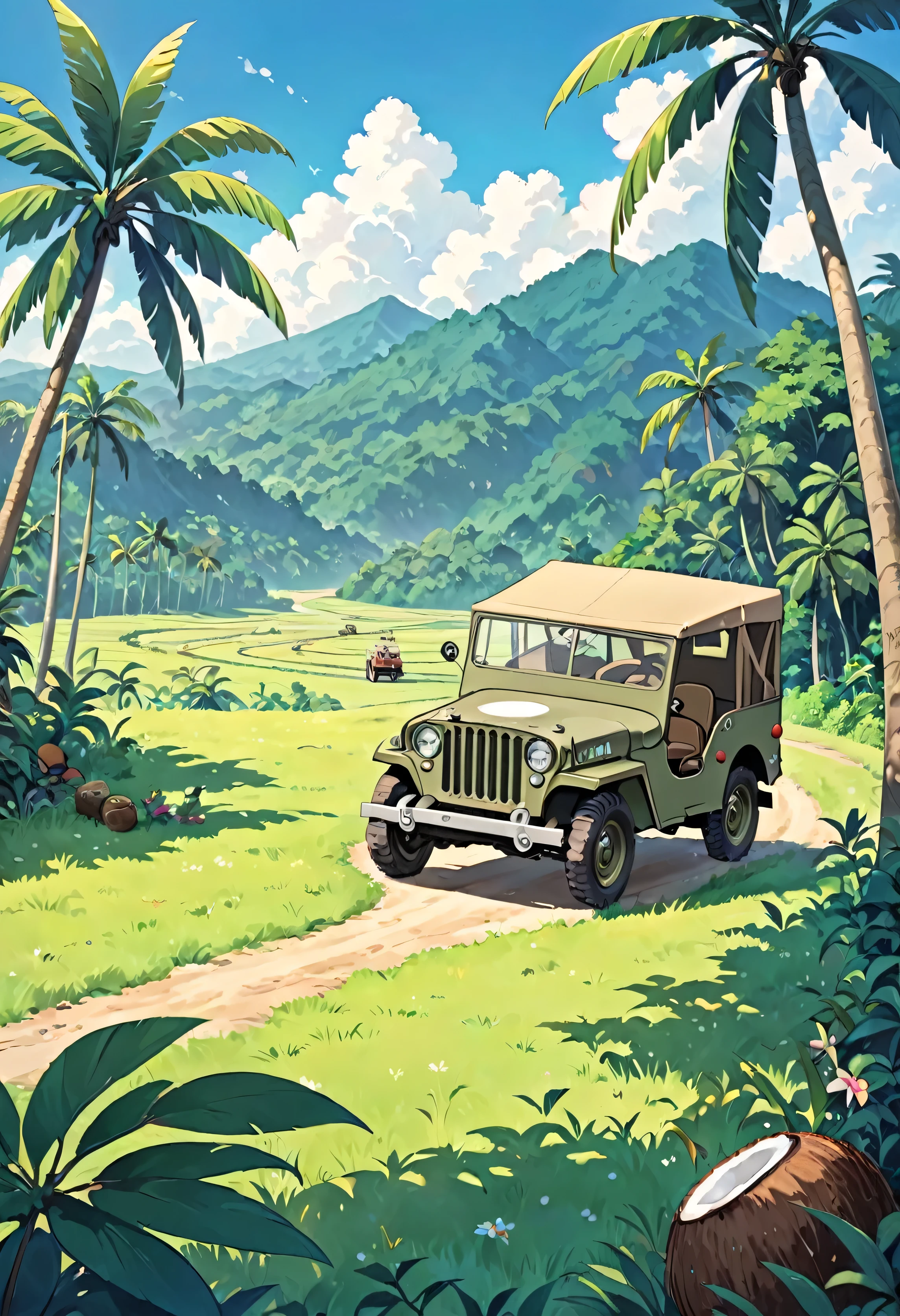 A heartwarming retro anime-inspired of a detail jeep willys with background beautiful tropical hill woods, distance rice field and coconut tree, style of Studio Ghibli and Hayao Miyazaki