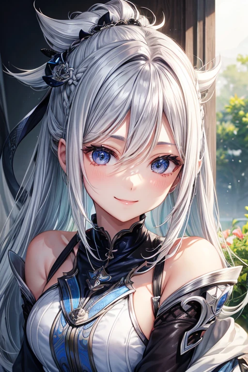 smile、A hairstyle with all hair swept back、Silver hair back、male、Her hair is shoulder-length、Strange Eyeale&#39;s left eye is red、male右目青、Increase the wide angle、Clear Eyes、Glittering costumes、Fancy hair accessories、Looking up at the night sky、smile、