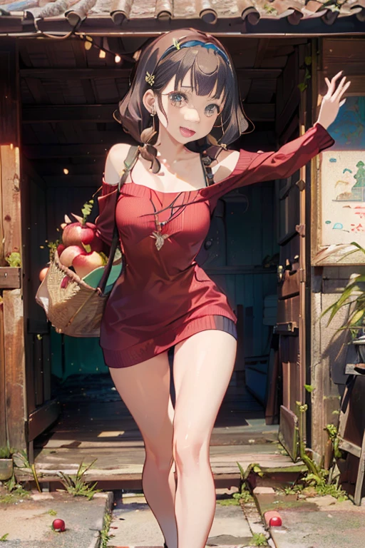 (perky chest:1.2), (pointed chest:1.2),(farmhouse entrance:1.3),(((Red Tunic:1.3))),(((apples and bread in the basket),Cute and beautiful girl,Cute round face,Cute smile,with blush cheeks,Red Lip,solo, looking at viewer, open mouth, have a cute glass of beergrass,black hair, dark green eyes, dress, bare shoulders,collarbone, sidelocks, hairband, earrings wih jewelry, indoors, off shoulder, sweater, arms behind back, plant, short hair with long locks, gild hairband, off-shoulder dress, sweater dress, off-shoulder sweater, black sweater, dark gord hair, big side hair, very long side hair,is rendered in (masterpiece: 1.2, best quality), with (ultra high resolution) and an exquisite (depth of field). ,(Bangs are see-through bangs),hair pin,hair adornments,detailed clothes features,Detailed hair features,detailed facial features,(Dynamic angles),(Dynamic and sexy poses),clothes that emphasize big breasts,Cinematic Light,(masutepiece,top-quality,Ultra-high resolution) ,(The 8k quality,Anatomically accurate facial structure,),(Sea Art 2 Mode:1.3),(Image Mode Ultra HD,)