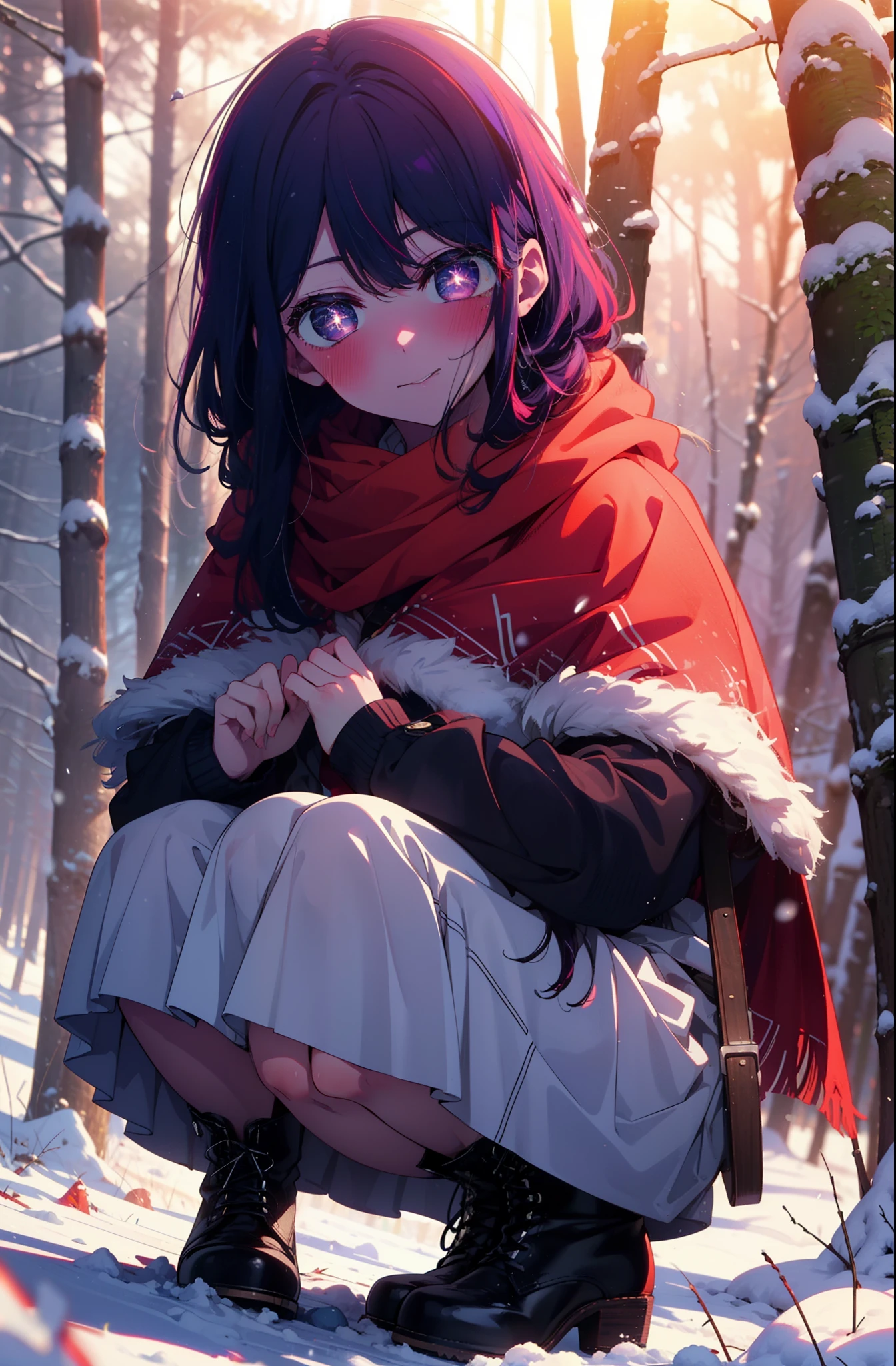 aihoshino, Ai Hoshino, Long Hair, bangs, (Purple eyes:1.1), Purple Hair, (Symbol-shaped pupil:1.5), smile,,smile,blush,White Breath,
Open your mouth,snow,Ground bonfire, Outdoor, boots, snowing, From the side, wood, suitcase, Cape, Blurred, , forest, White handbag, nature,  Squat, Mouth closed, Cape, winter, Written boundary depth, Black shoes, red Cape break looking at viewer, Upper Body, whole body, break Outdoor, forest, nature, break (masterpiece:1.2), highest quality, High resolution, unity 8k wallpaper, (shape:0.8), (Beautiful and beautiful eyes:1.6), Highly detailed face, Perfect lighting, Extremely detailed CG, (Perfect hands, Perfect Anatomy),