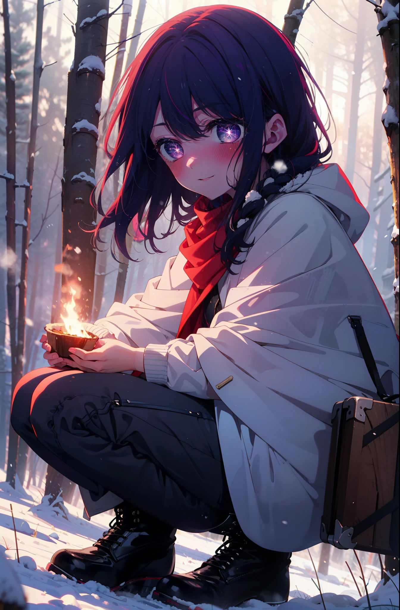aihoshino, Ai Hoshino, Long Hair, bangs, (Purple eyes:1.1), Purple Hair, (Symbol-shaped pupil:1.5), smile,,smile,blush,White Breath,
Open your mouth,snow,Ground bonfire, Outdoor, boots, snowing, From the side, wood, suitcase, Cape, Blurred, , forest, White handbag, nature, Squat, Mouth closed, Cape, winter, Written boundary depth, Black shoes, red Cape break looking at viewer, Upper Body, whole body, break Outdoor, forest, nature, break (masterpiece:1.2), highest quality, High resolution, unity 8k wallpaper, (shape:0.8), (Beautiful and beautiful eyes:1.6), Highly detailed face, Perfect lighting, Extremely detailed CG, (Perfect hands, Perfect Anatomy),