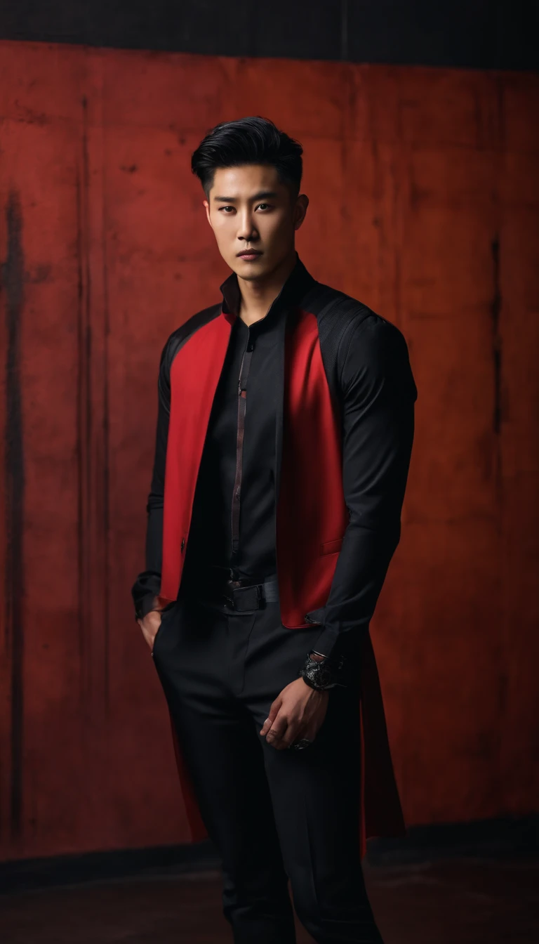 Professional photography, handsome Korean man with undercut hair in deathpool costume, standing leaning against wall, advertising photography, dark background with abstract wall, looking at camera
