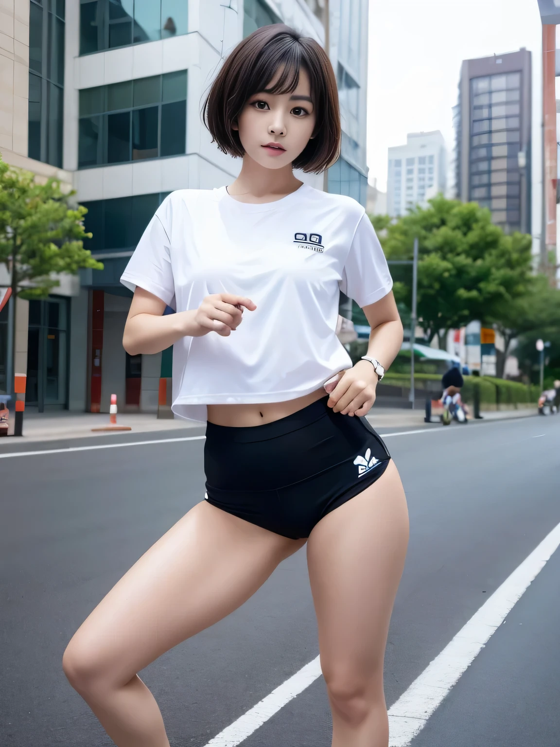 masterpiece, highest quality, High resolution, Brown eyes、short hair,Black Hair, White skin、Thick legs、Run、city、move、Sportswear