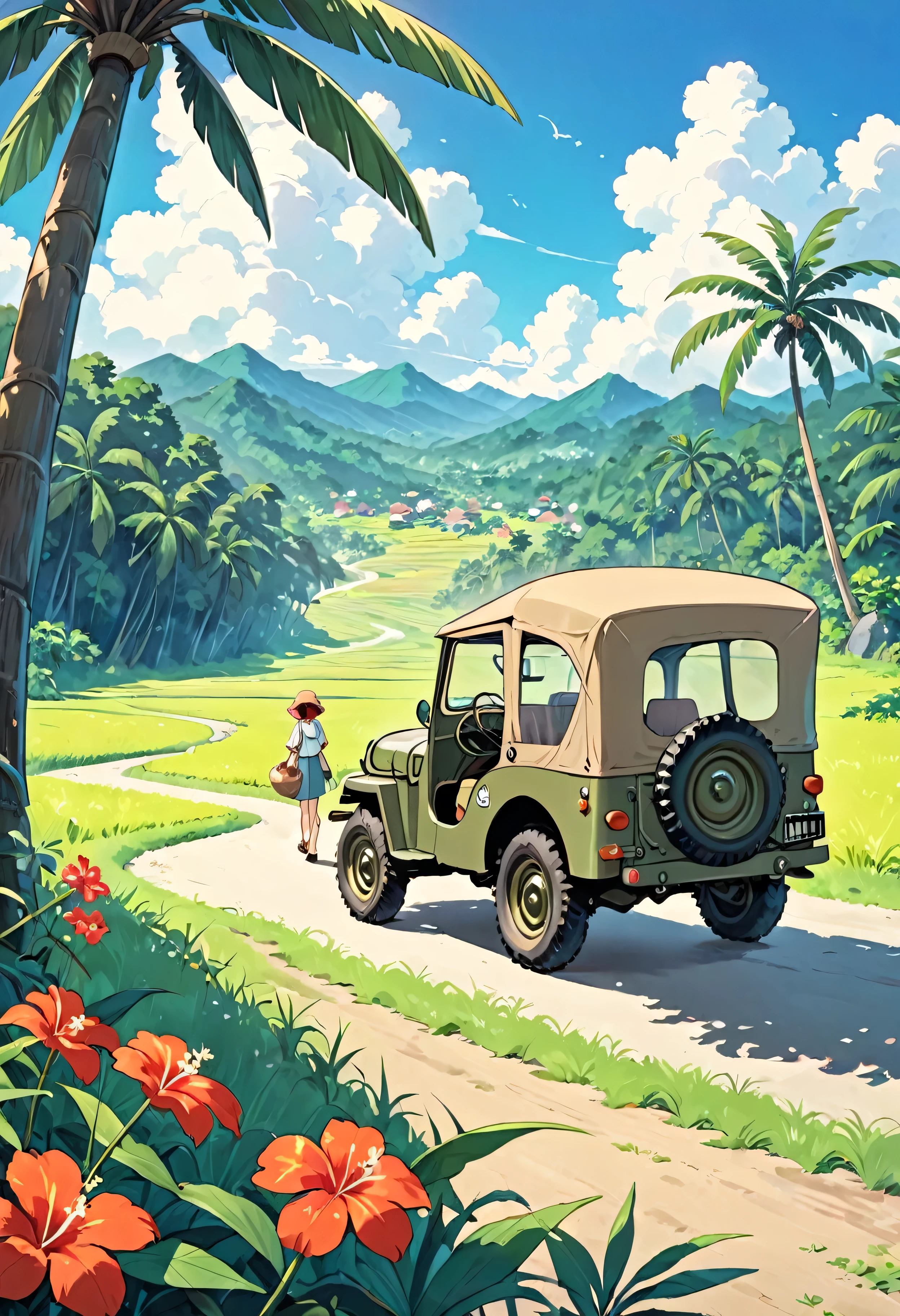 A heartwarming retro anime-inspired of a detail jeep willys with background beautiful tropical hill woods, distance rice field and coconut tree, style of Studio Ghibli and Hayao Miyazaki