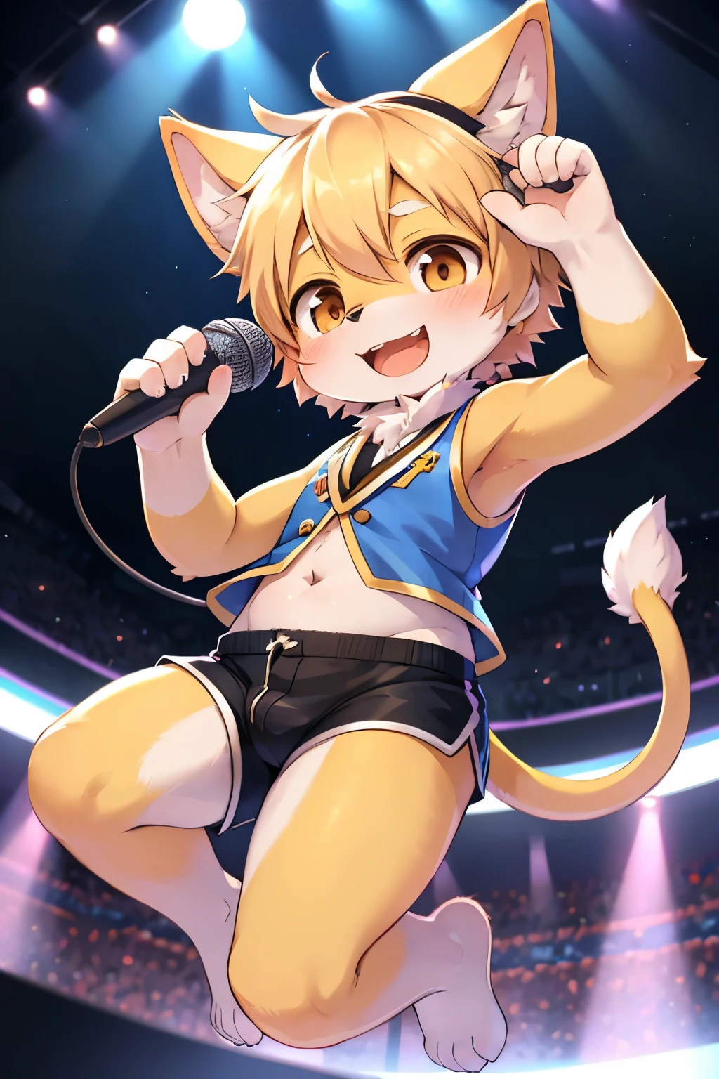 cover_page, highres, top quality, best quality, paid reward available, High-quality illustrations, unparalleled masterpiece, perfect artwork, absurdres, super high resolution, detailed background, Happy, joyful(Photos of solo travelers)(kemono, furry anthro),kemoshota, kemoshota idol, holding microphone, live, tail, on stage, dynamic angle, navel, idol costume, headset, black cat kemoshota