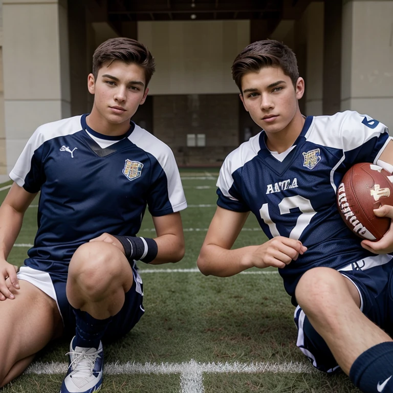 the sweet and handsome boys aged 14 and 15, From the football team they model the team's shorts, sie tragen kein Hemd