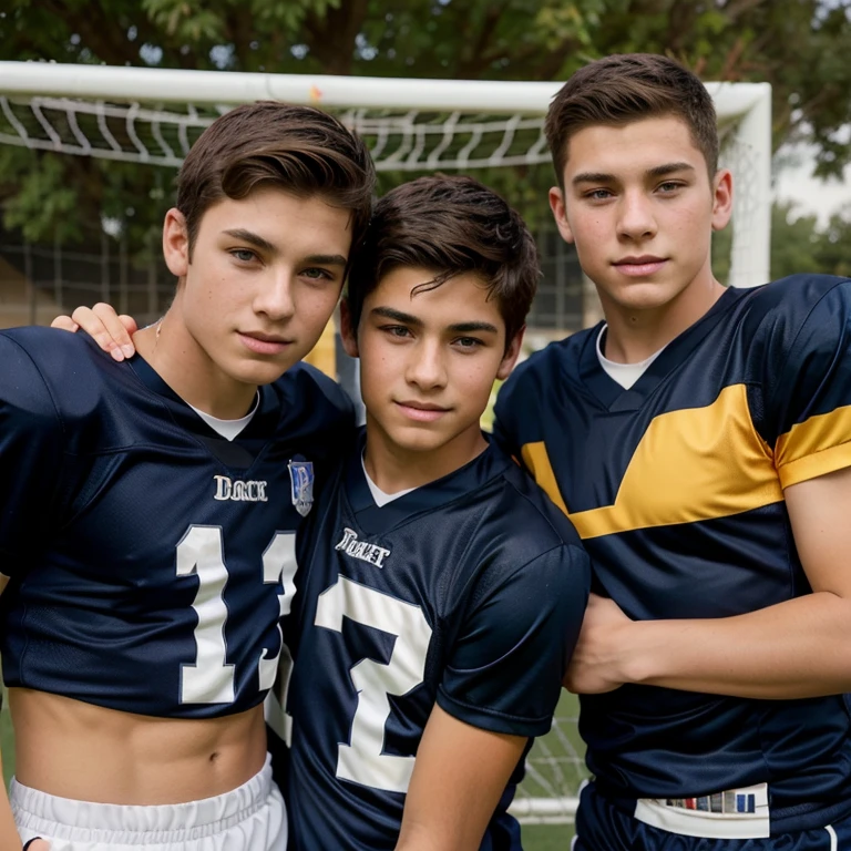 the sweet and handsome boys aged 14 and 15, From the football team they model the team&#39;s shorts, sie tragen kein Hemd