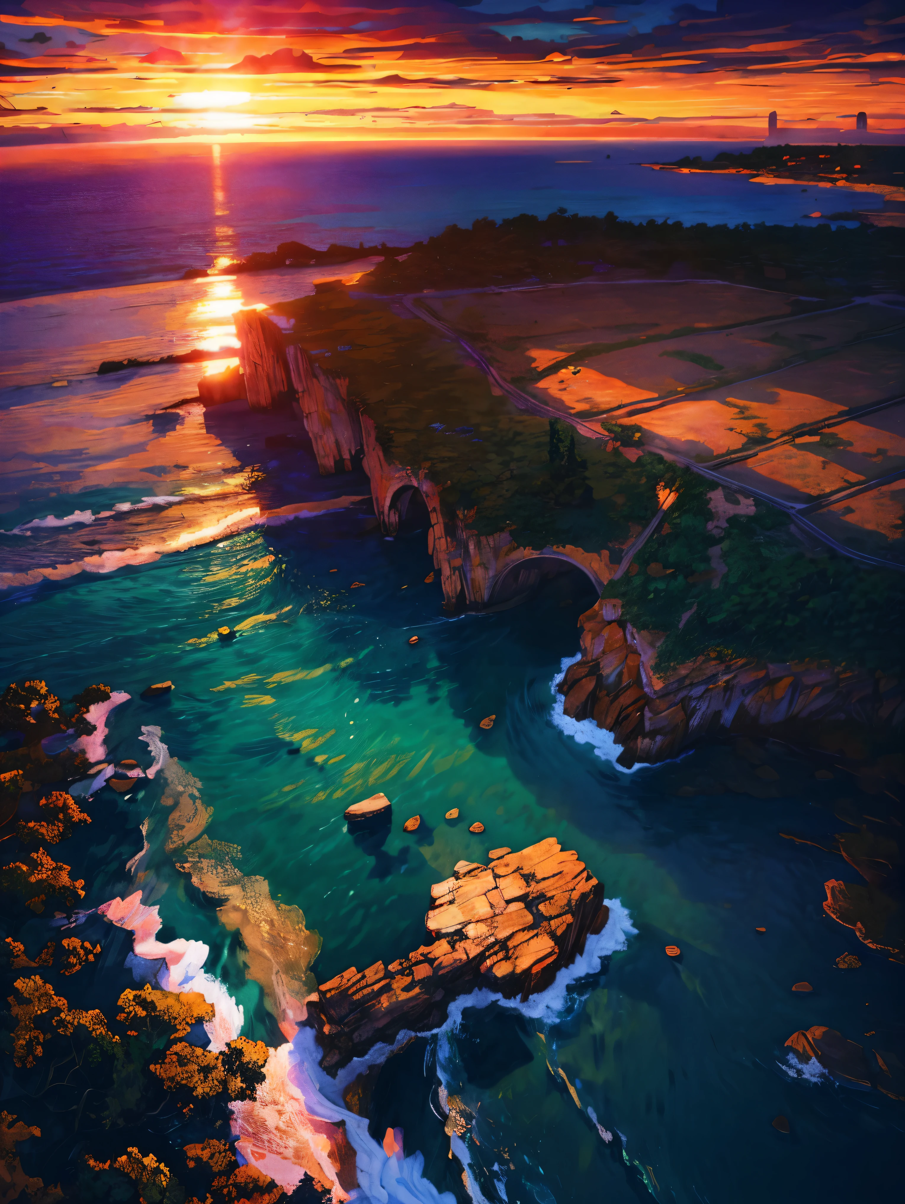 Sunset over the ocean with rocks and algae-covered water, chaotic sea setting, vibrant sunrise, vibrant sunset, author:Alexander Robertson, Orange rock, Landscape photo, Vivid red and green, epic sunset, author:Matthias Wescher, Today\'s featured photograph 4k, Sunset glow, epic sunrise, prime time, an amazing landscape image, breathtaking composition