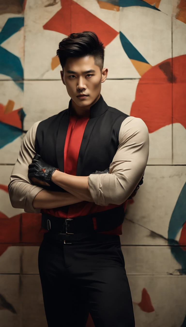 Professional photography, handsome Korean man with undercut hair in deathpool costume, standing leaning against wall, advertising photography, dark background with abstract wall, looking at camera