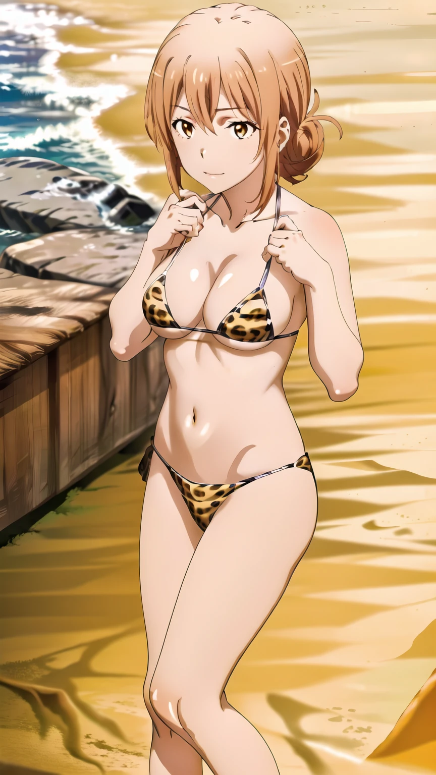 (masterpiece, 4K, highest quality, anime style: 1.9, Detailed face, Lovely,((( Ocean))),Bold Line, High resolution, anime, Lake 4. alone, Curvaceous, Thighs, Cleavage, Center of chest, Very slim belly, Cowboy Shot, (Leopard print micro bikini),1 female, single Hair Bun, Orange eyes, Hair Bun, Shiny Hair,Brown eyes, Focus Only, Long Hair,30th Generation,.(((Beach)))