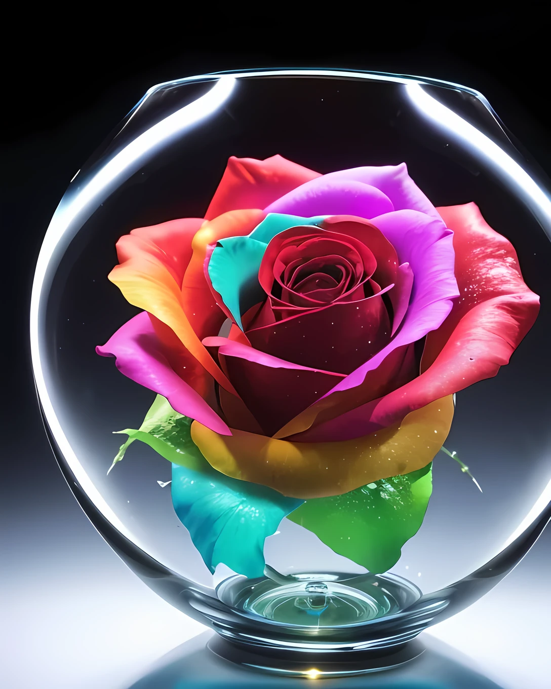 A masterpiece of the highest quality and extreme detail. In a bottle decorated with sophisticated high-tech equipment、A single transparent black rose is placed in the vase.。. State-of-the-art technology, Futuristic Art, A work of art never seen before on Earth. Zoom in. Vibrant, high-contrast colors. A black rose made with the ultimate DNA, It emits a mysterious rainbow aura and illuminates the space.. It's a creative atmosphere. Realistic, Like a real photo.
