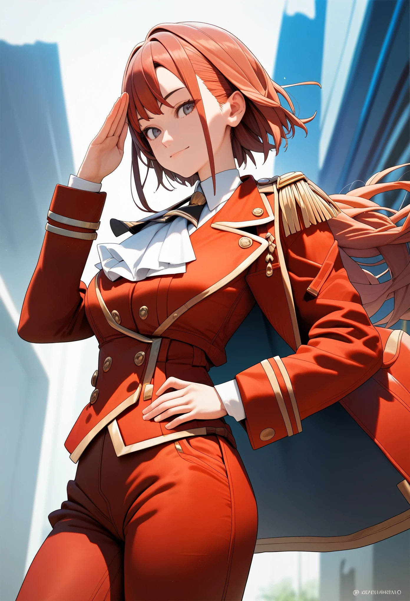 (best quality),female,solo,gold trim,White_ascot, buttons,White_Long_pants,red jacket,salute
score_9, score_8_up, score_7_up,source_anime,rating_safe,